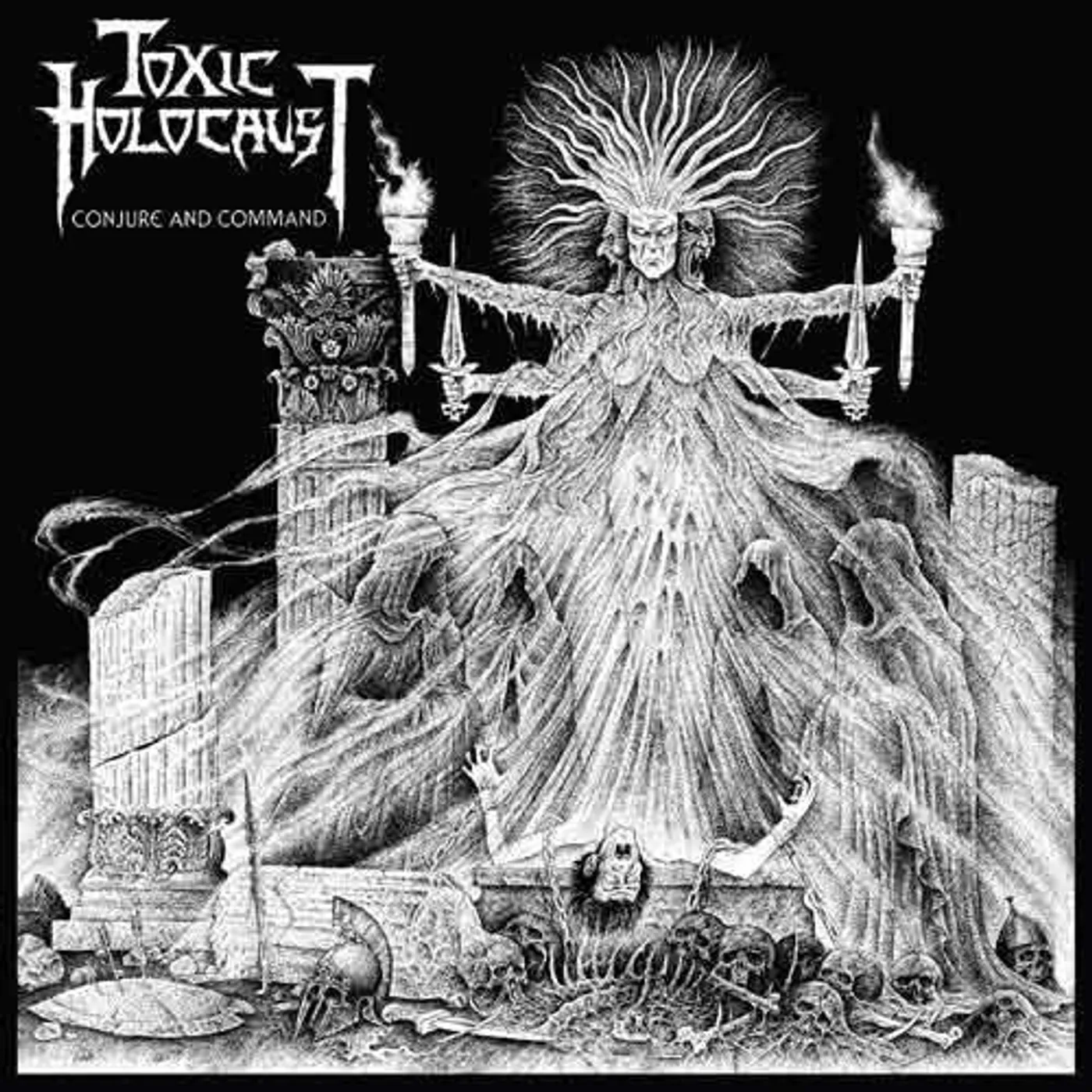 Toxic Holocaust Conjure & Command (Milky Clear With Black, White & Grey Splatter) Vinyl Record
