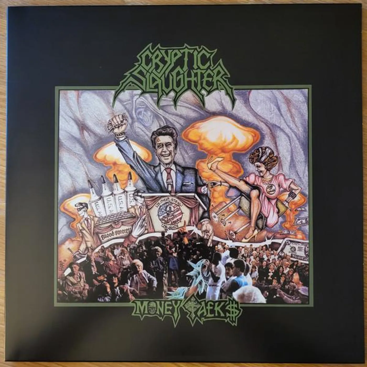 Cryptic Slaughter MONEY TALKS (BLACK ICE W/ OLIVE GREEN, BONE WHITE & HALLOWEEN ORANGE SPLATTER VINYL) Vinyl Record