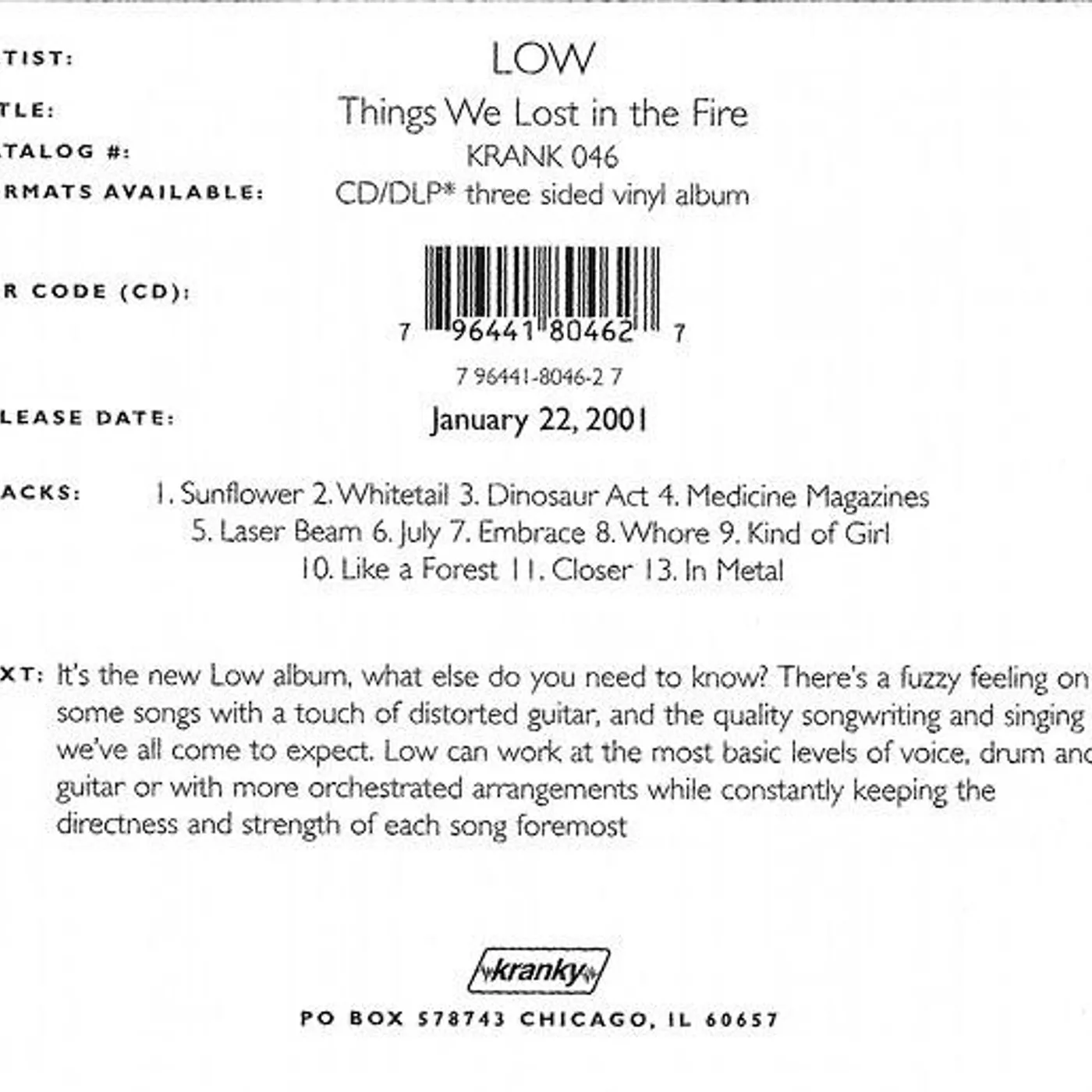 Low THINGS WE LOST IN THE FIRE CD