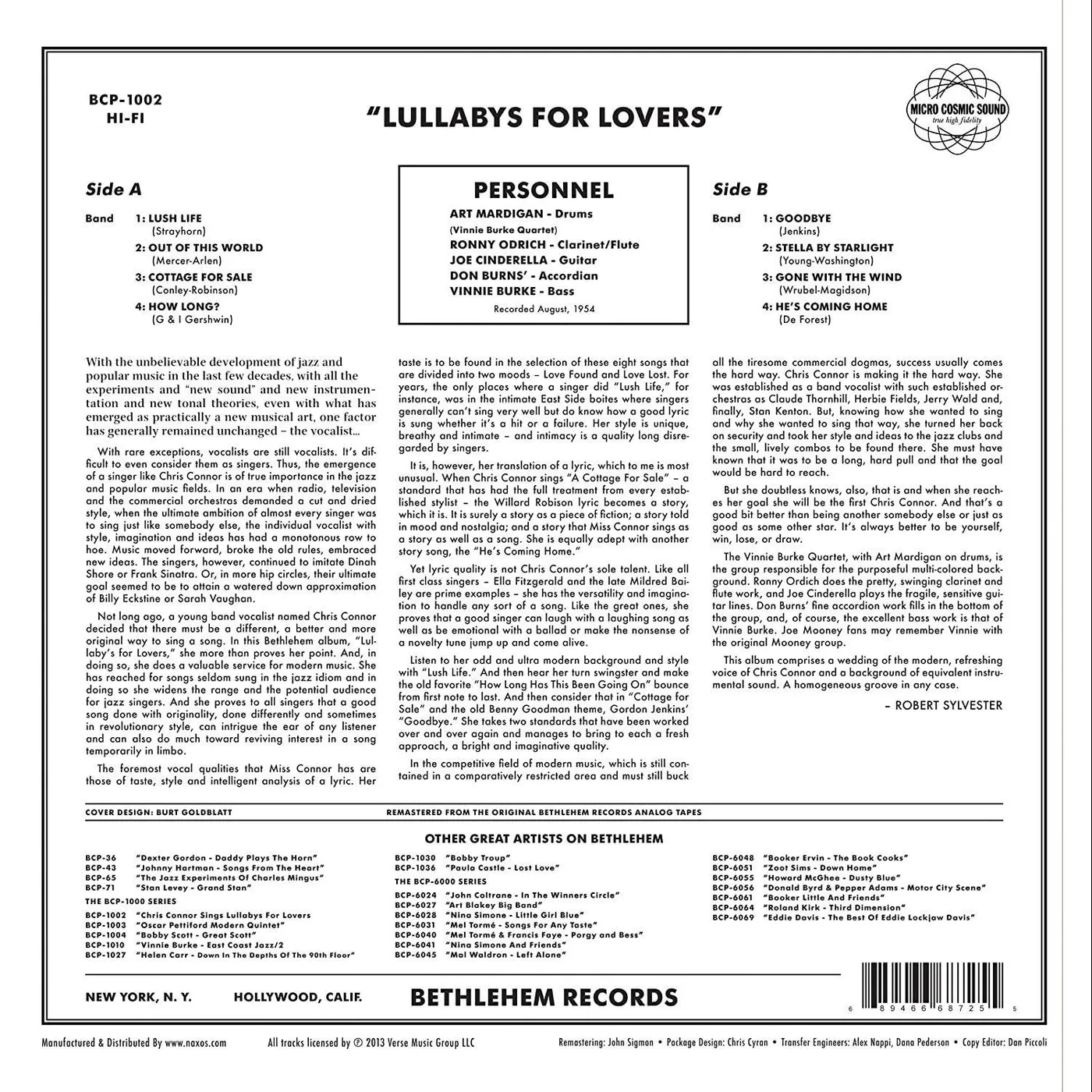 Chris Connor LULLABYS FOR LOVERS Vinyl Record