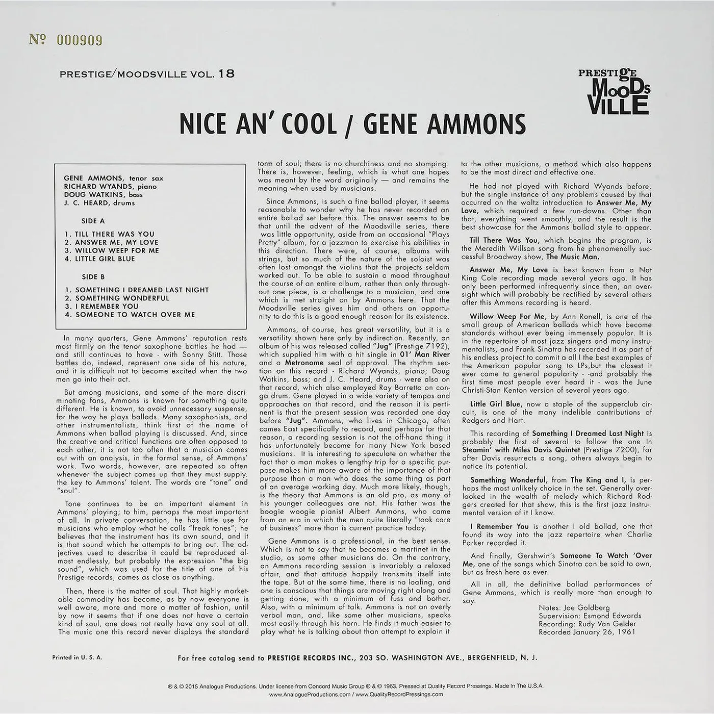 Gene Ammons Nice An' Cool (200g) Vinyl Record