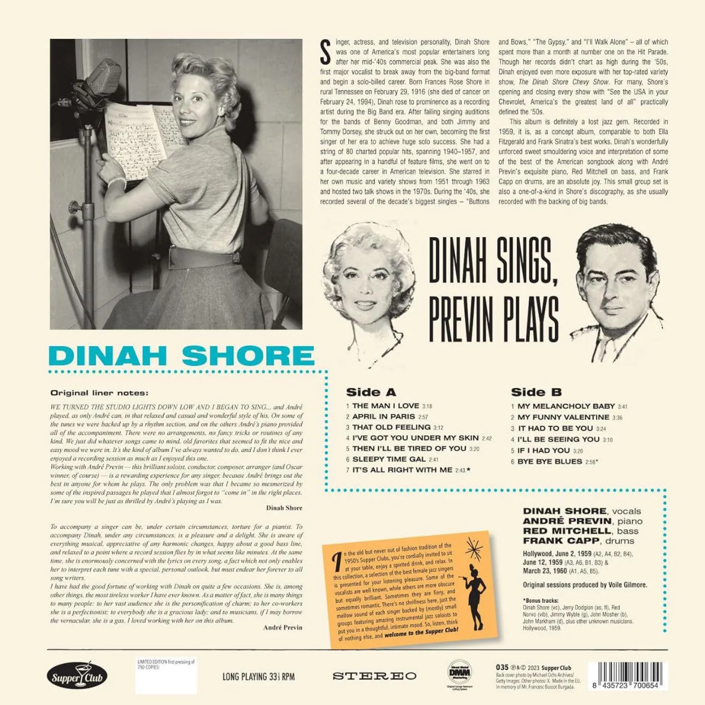 Dinah Shore DINAH SINGS - PREVIN PLAYS Vinyl Record