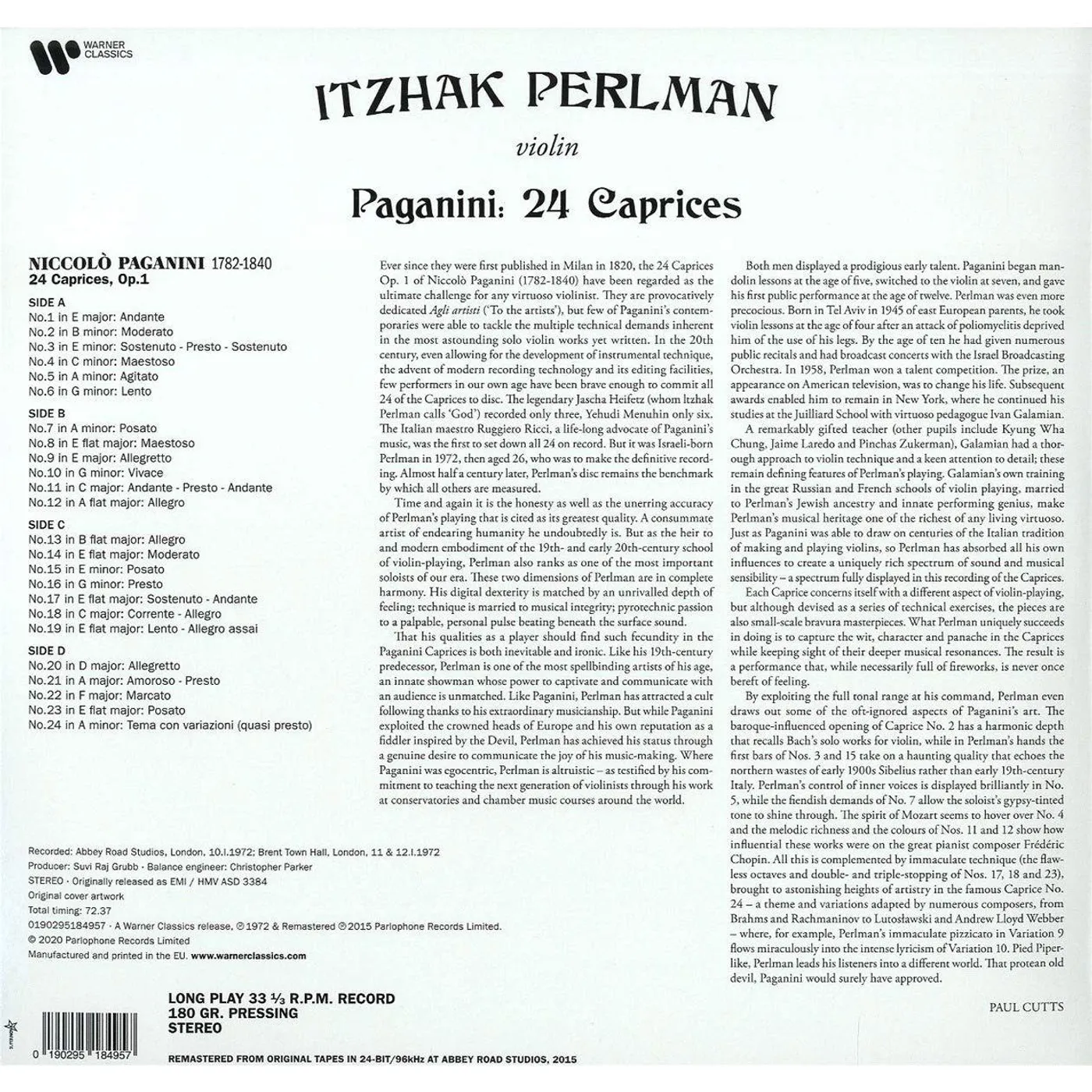Itzhak Perlman Paganini: 24 Caprices Vinyl Record