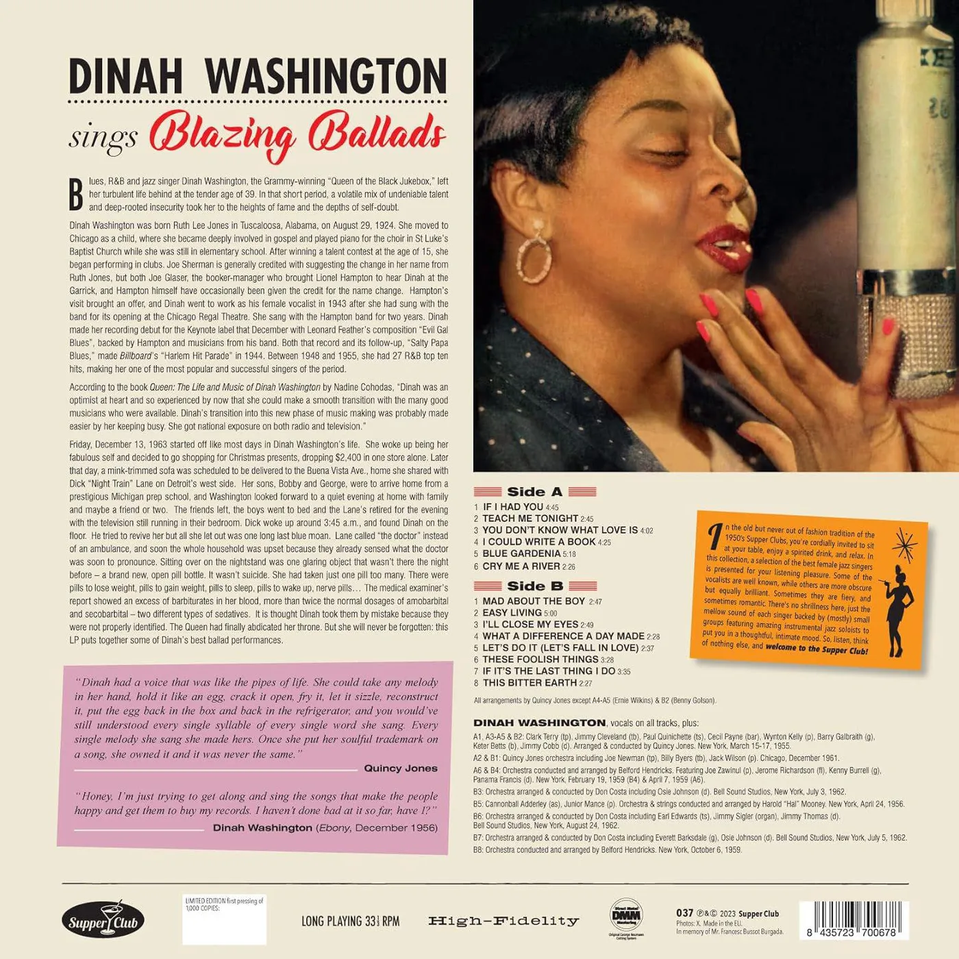 Dinah Washington Sings Blazing Ballads (180g) Vinyl Record