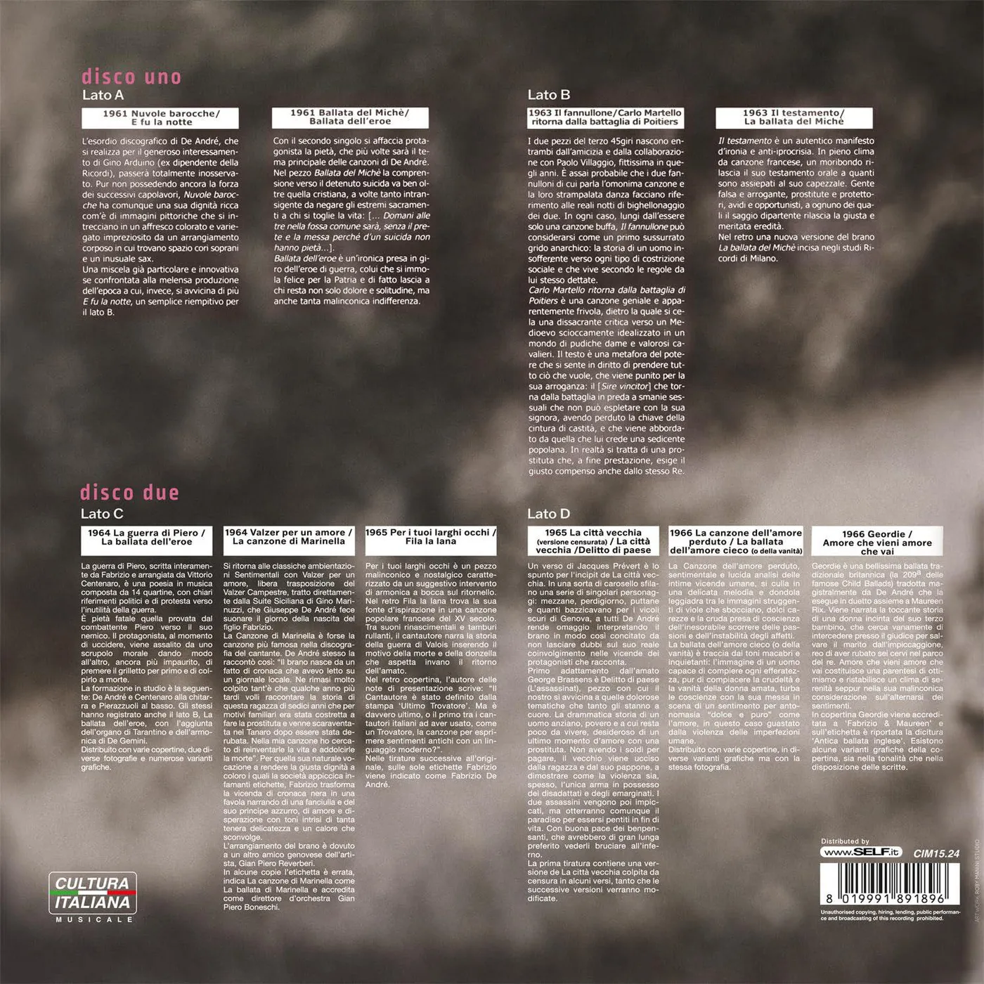 Fabrizio De André Complete (2LP) Vinyl Record