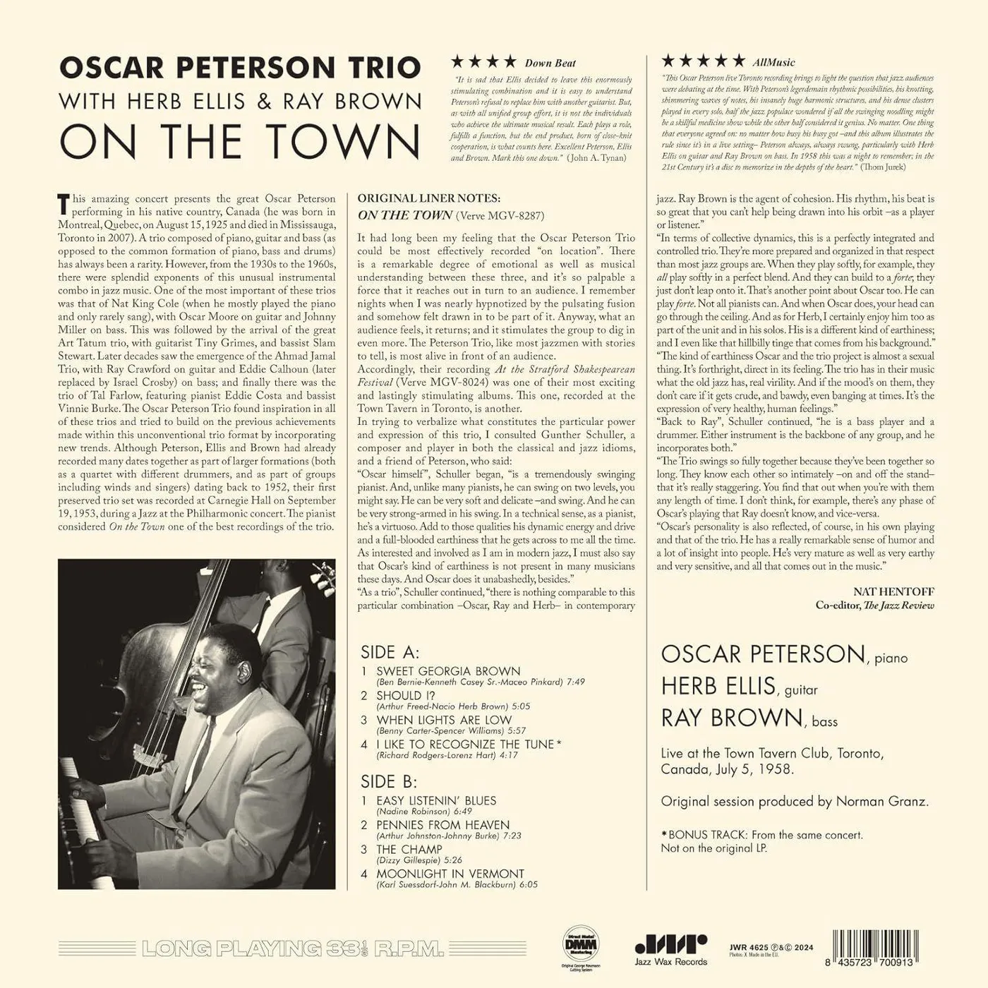 Oscar Peterson Trio On The Town With Herb Ellis & Ray Brown (Limited/180G with Bonus Track) Vinyl Record