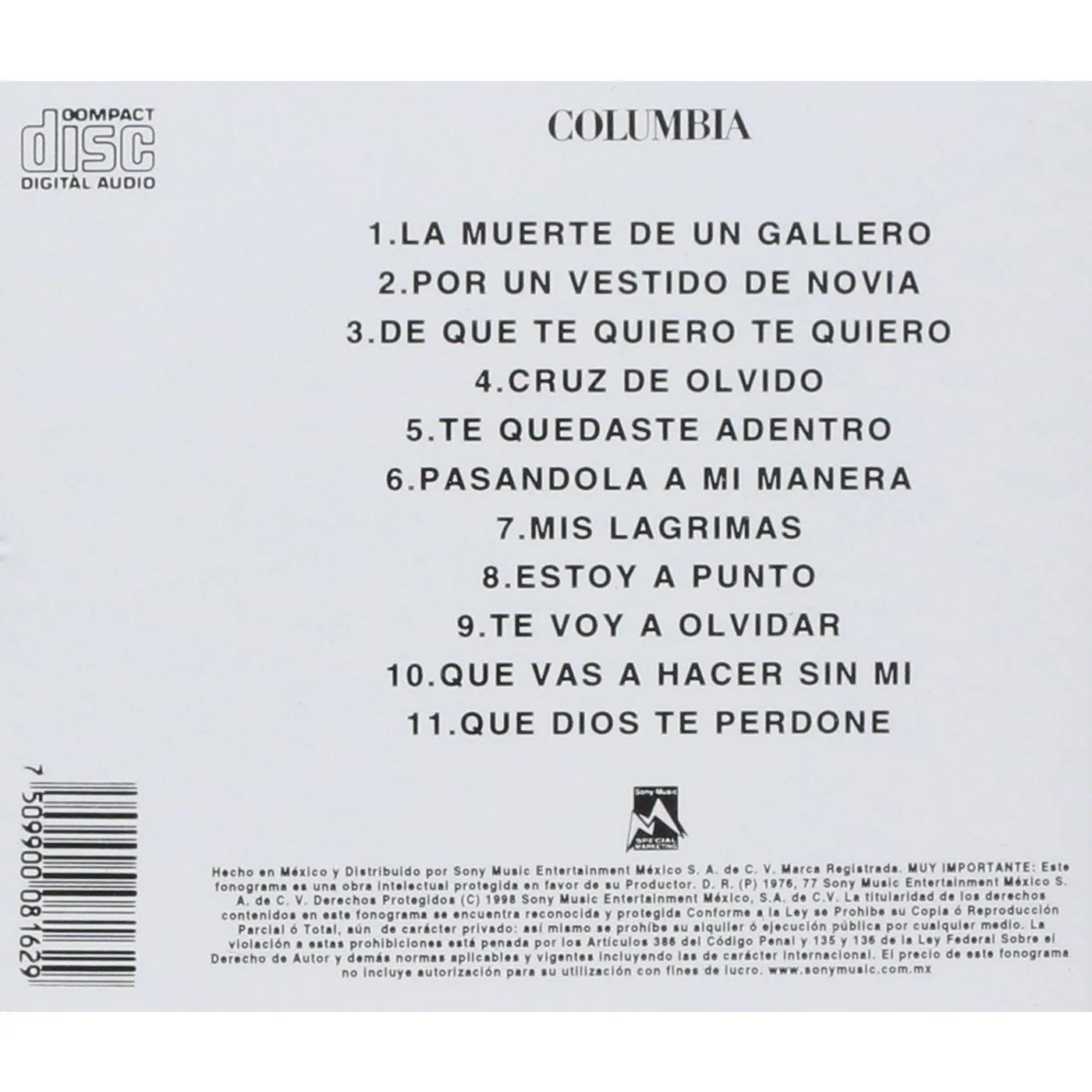 Vicente Fernández La Muerte De Un Gallero CD