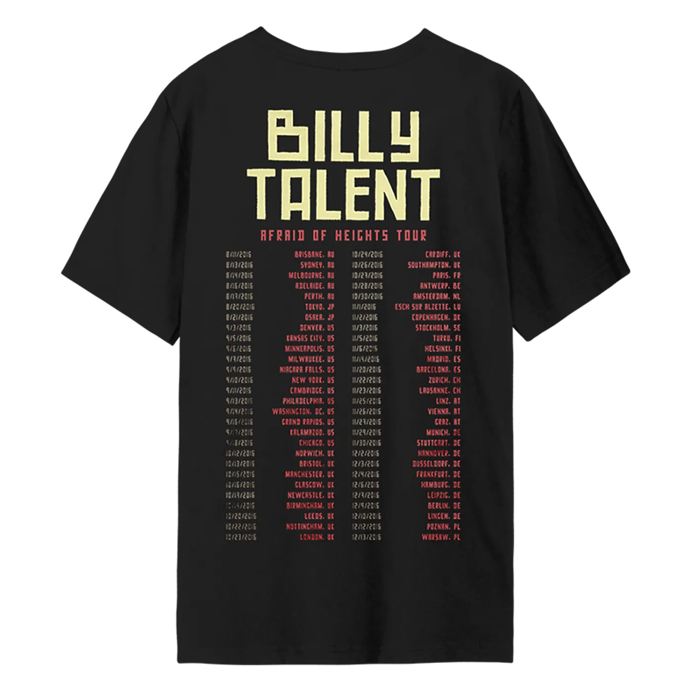 Billy Talent Afraid of Heights 2016 World Tour T-Shirt