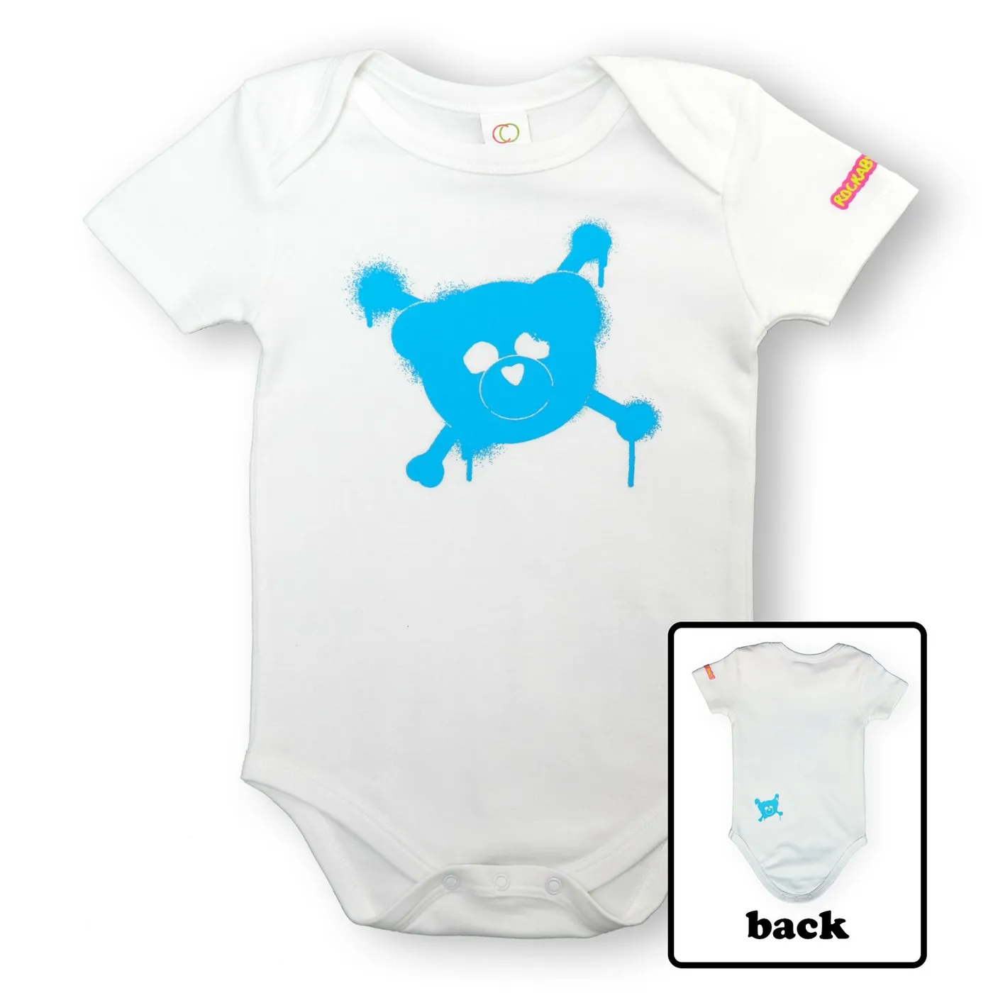 Rockabye Baby! Organic Baby Bodysuit (Blue Logo on White)