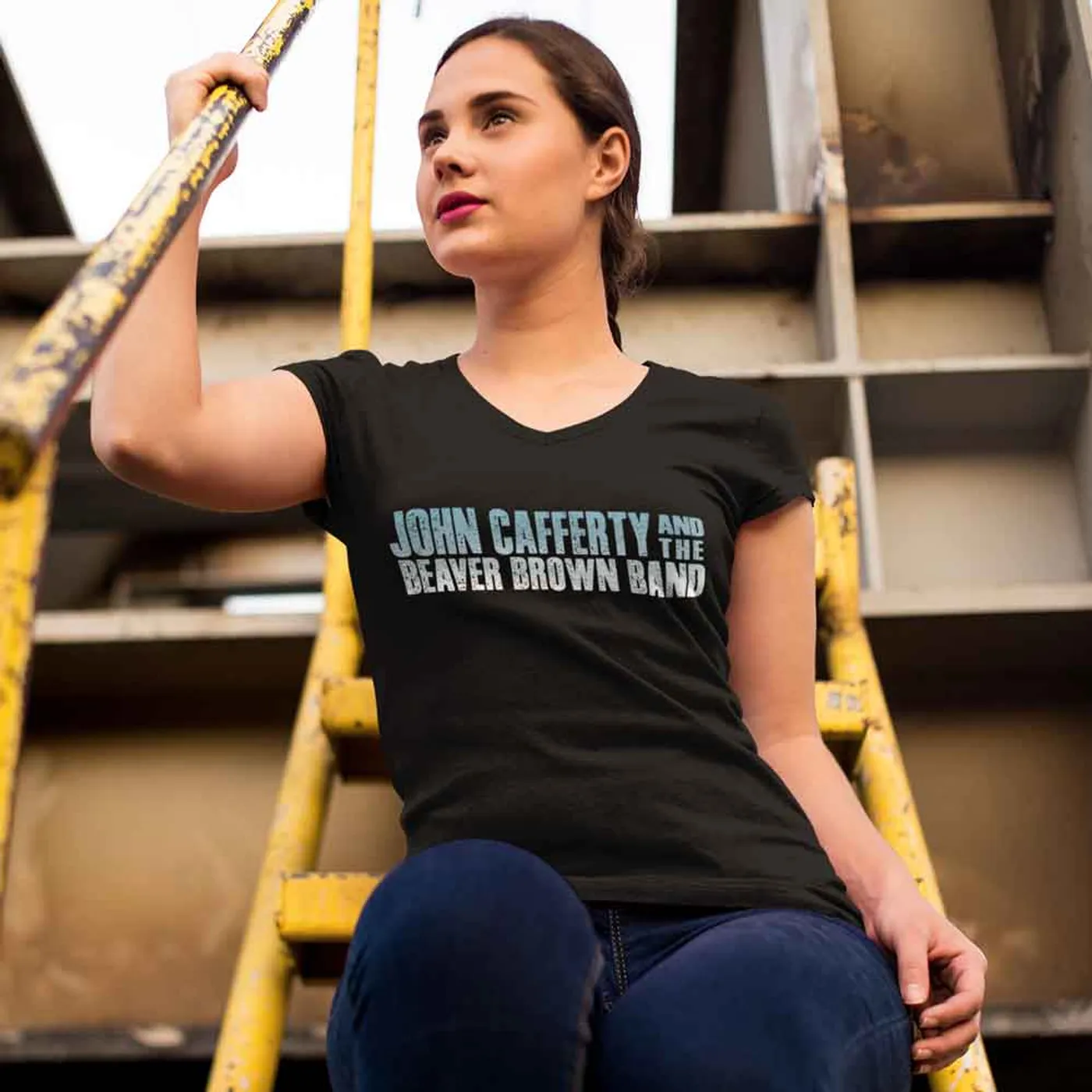 JOHN CAFFERTY Classic Logo Ladies Black V-Neck T-Shirt