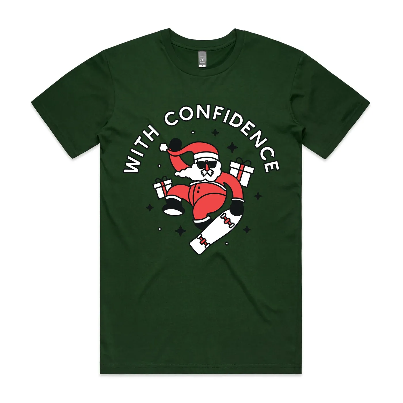With Confidence Skating Santa Tee (Forest Green)