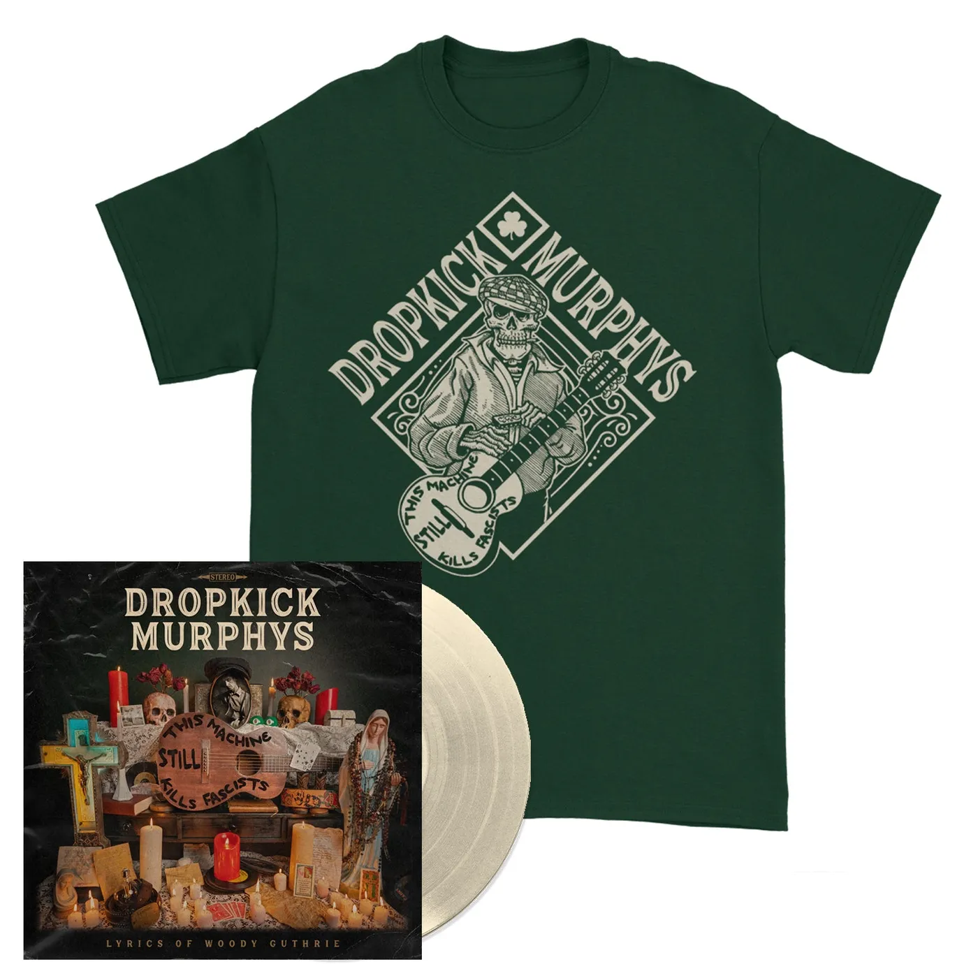 Dropkick Murphys This Machine Still Kills Fascists LP (Tan Vinyl) + Skelly Cousin Tshirt (Hunter Green)