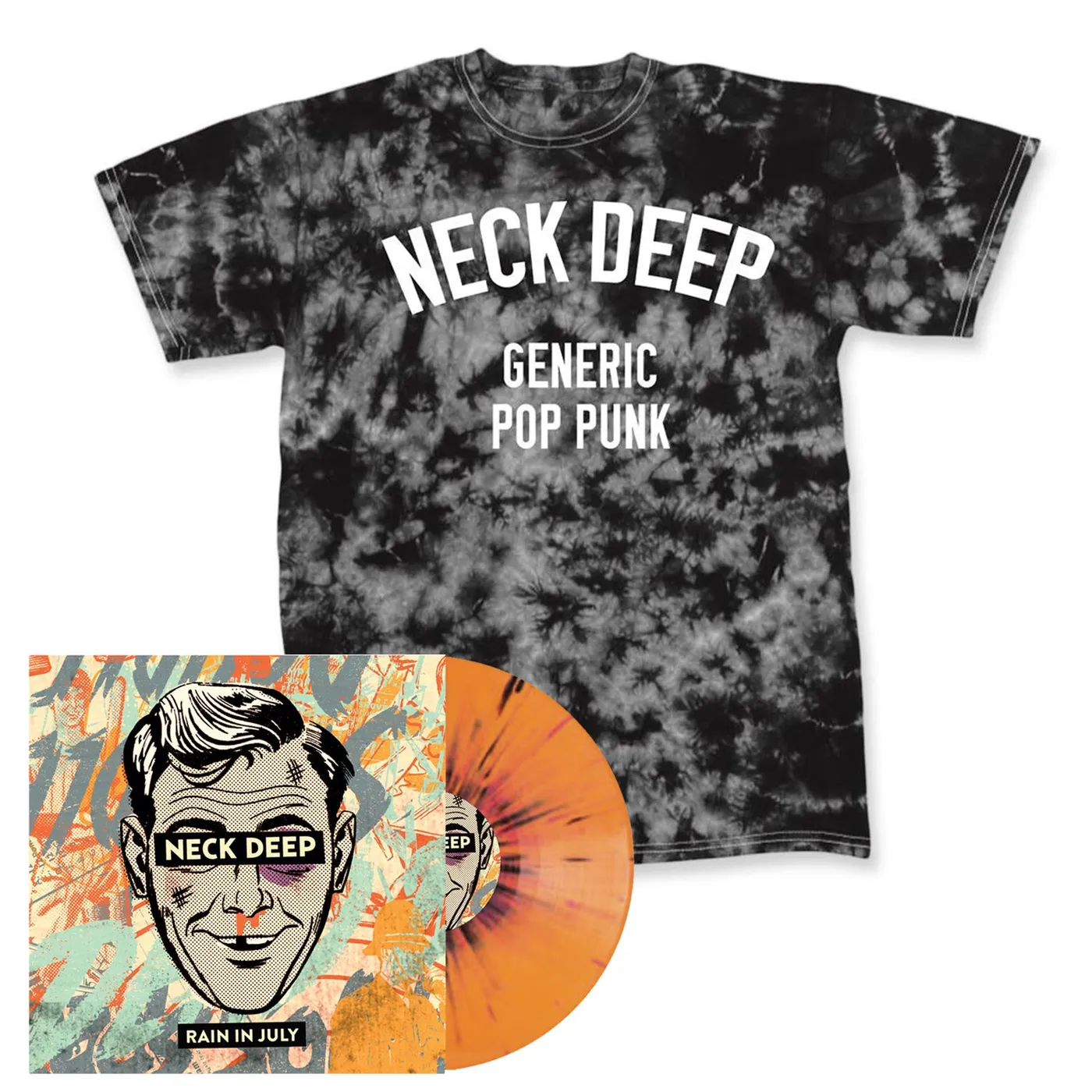 Neck Deep Rain In July 10yr Anniversary LP (Orange w/ Black & Pink Splatter) + Tie Dye T-Shirt