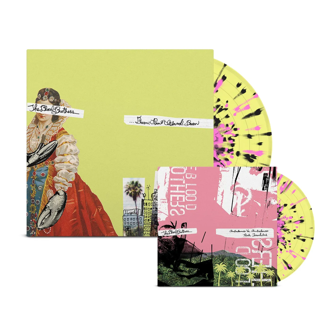 The Blood Brothers Burn, Piano Island, Burn 20th Anniv. Collectors Ed. LP (Yellow w/ Pink & Black Splatter Vinyl)