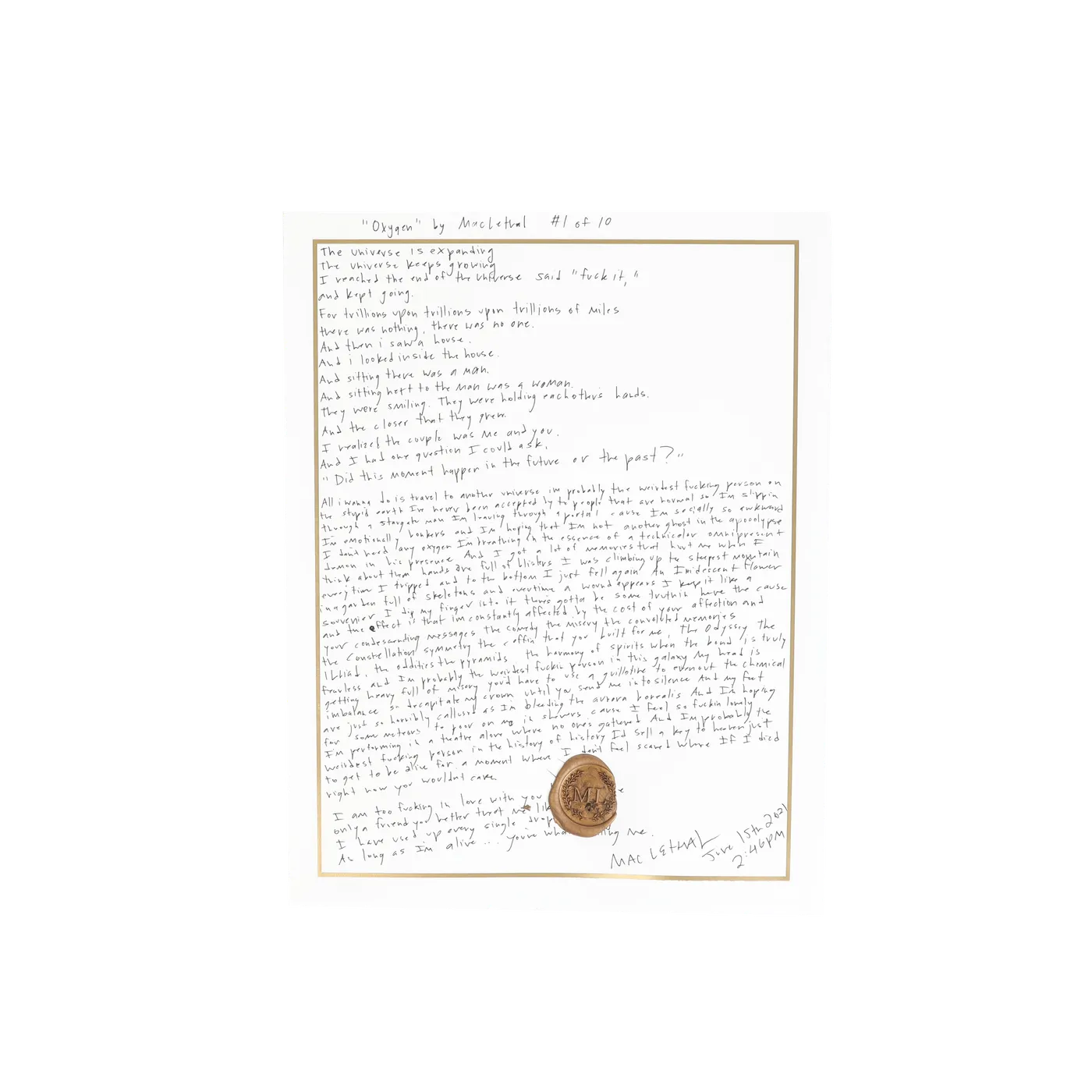 Mac Lethal | Oxygen Handwritten Lyric Sheet