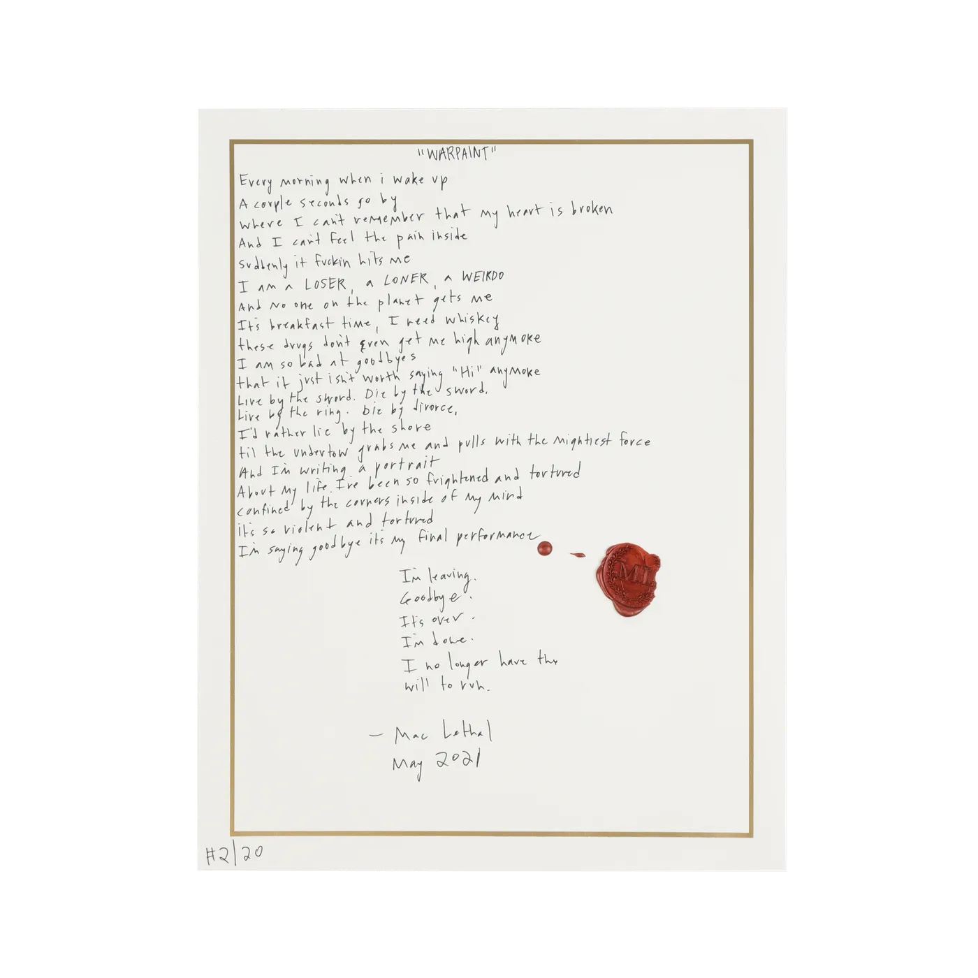 Mac Lethal | Warpaint Handwritten Lyric Sheet