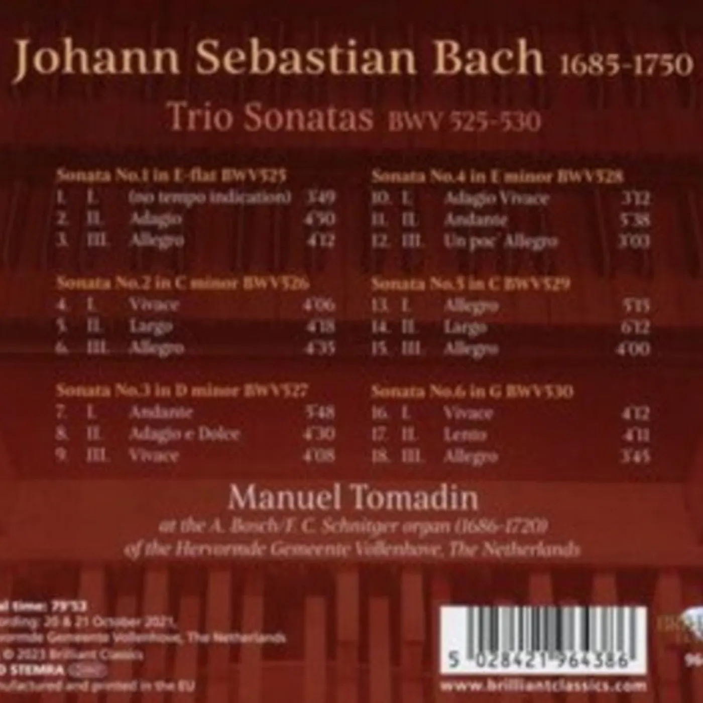 Manuel Tomadin CD - J.S. Bach: Trio Sonatas Bwv 525-530