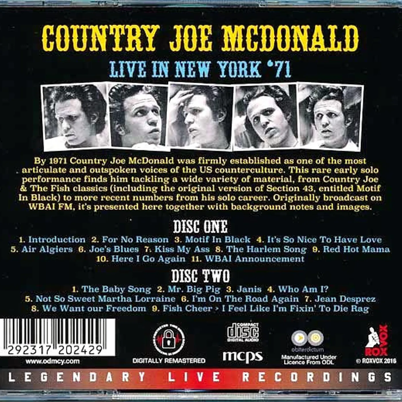Country Joe McDonald  CD -  Live In New York '71 (2xCD) (remastered)