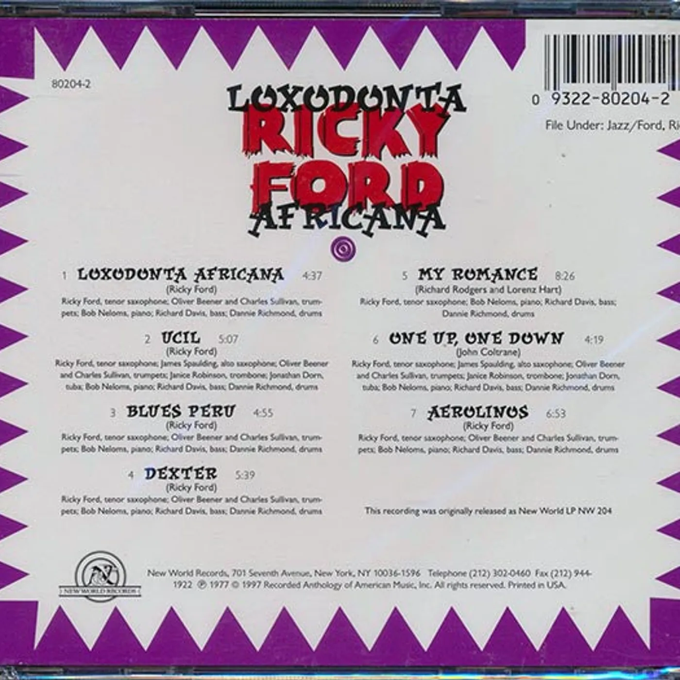 Ricky Ford  CD -  Loxodonta Africana (incl. 8 page booklet)