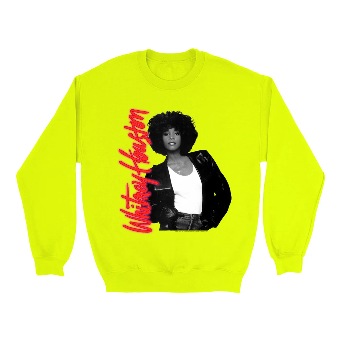 Whitney Houston Bright Colored Sweatshirt | Whitney Houston Album Photo and Red Neon Logo Whitney Houston Sweatshirt