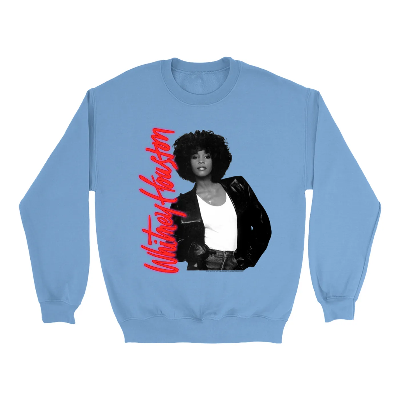 Whitney Houston Bright Colored Sweatshirt | Whitney Houston Album Photo and Red Neon Logo Whitney Houston Sweatshirt