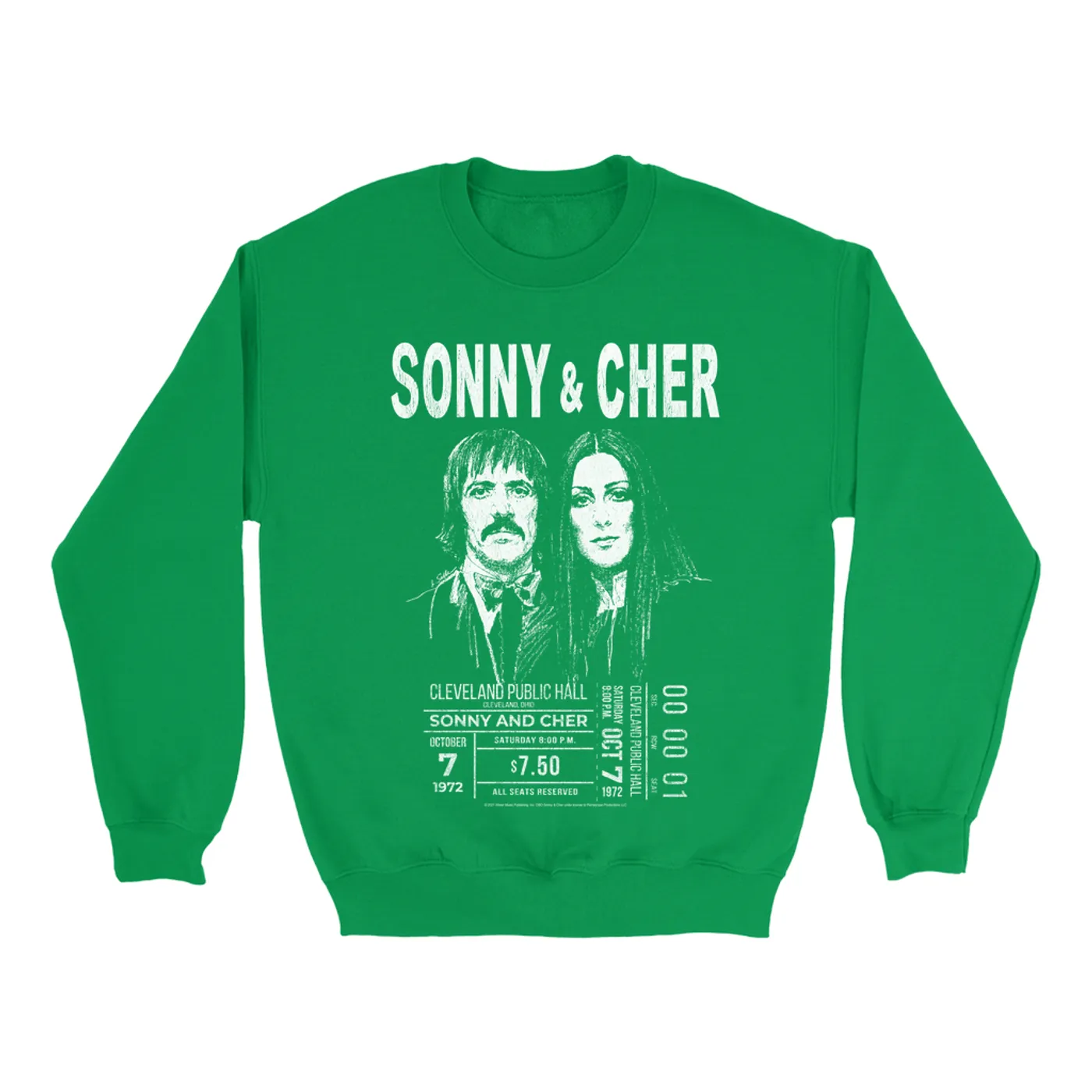 Sonny & Cher Bright Colored Sweatshirt | Cleaveland Hall Concert Ticket Stub Sonny and Cher Sweatshirt (Merchbar Exclusive)