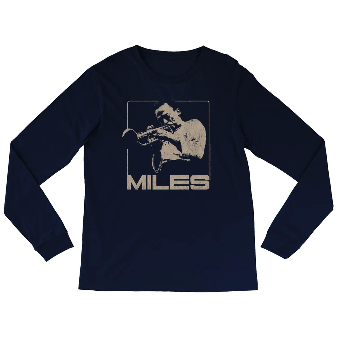 Miles Davis Long Sleeve Shirt | Miles Playing Trumpet Distressed Design Miles Davis Shirt (Merchbar Exclusive)