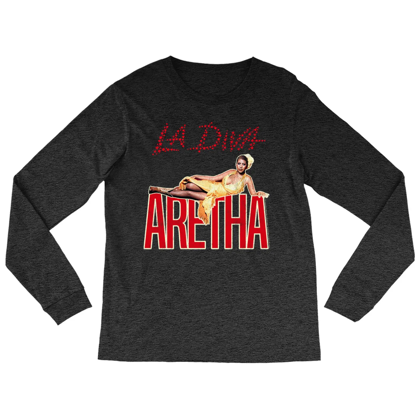 Aretha Franklin Heather Long Sleeve Shirt | La Diva Album Design Distressed Aretha Franklin Shirt (Merchbar Exclusive)