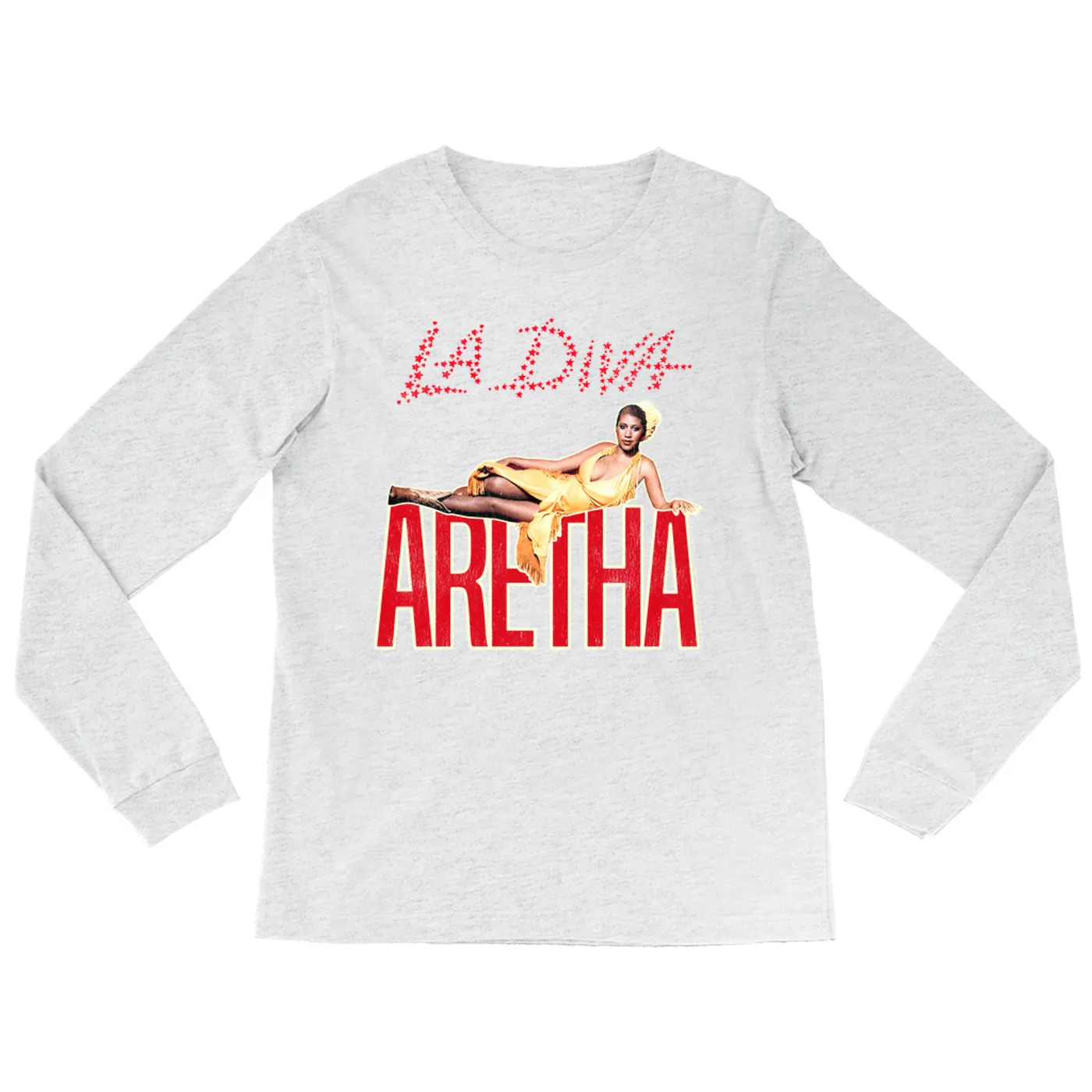 Aretha Franklin Heather Long Sleeve Shirt | La Diva Album Design Distressed Aretha Franklin Shirt (Merchbar Exclusive)