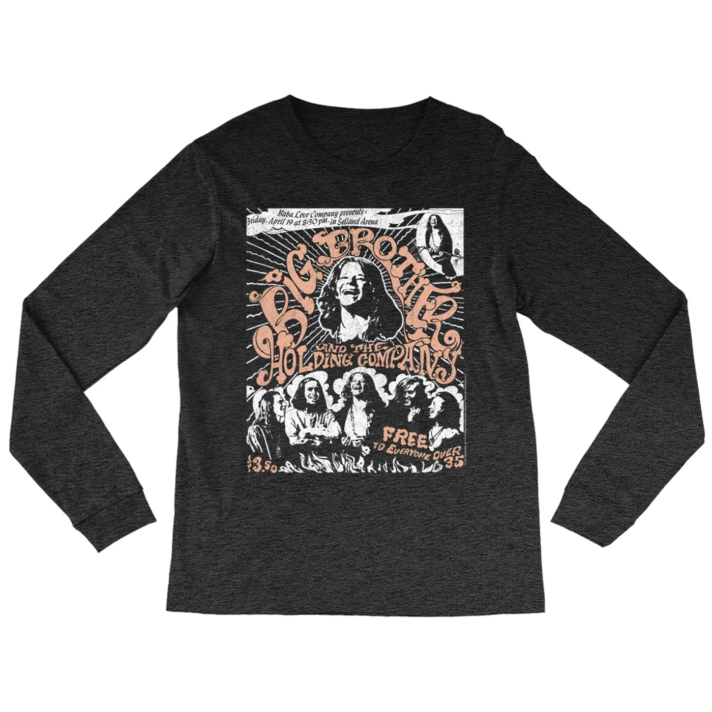 Big Brother & The Holding Company Big Brother and The Holding Co. Heather Long Sleeve Shirt | Featuring Janis Joplin Fresno Concert Flyer Big Brother and The Holding Co. Shirt
