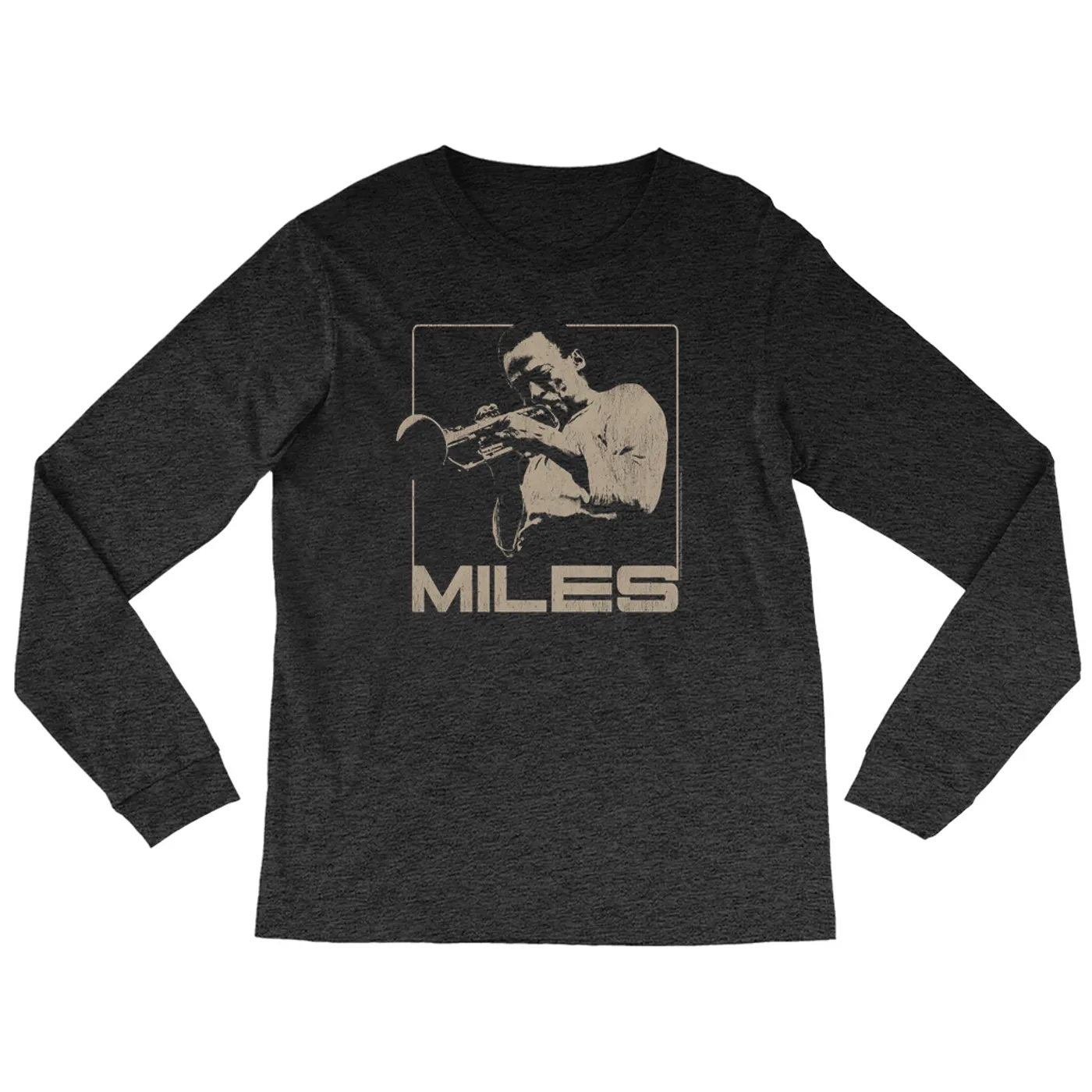 Miles Davis Heather Long Sleeve Shirt | Miles Playing Trumpet Distressed Design Miles Davis Shirt (Merchbar Exclusive)