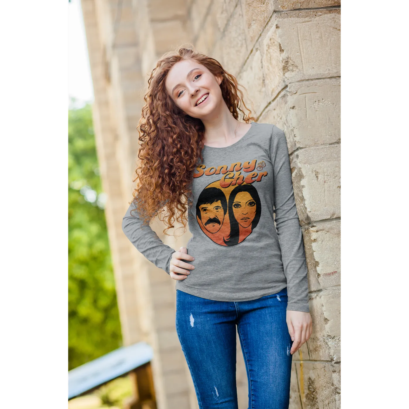 Sonny & Cher Heather Long Sleeve Shirt | Comedy Hour Illustration And Logo Ombre Sonny and Cher Shirt