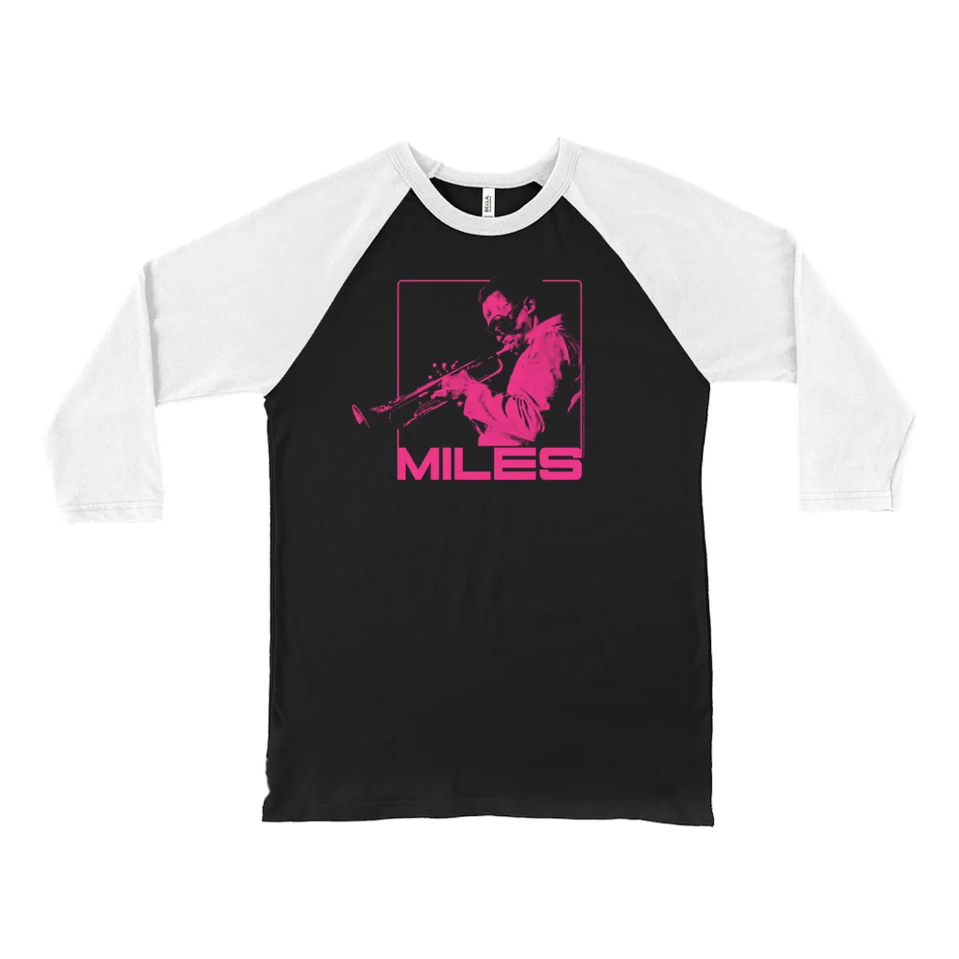 Miles Davis 3/4 Sleeve Baseball Tee | Miles Playing Trumpet Hot Pink Design Miles Davis Shirt