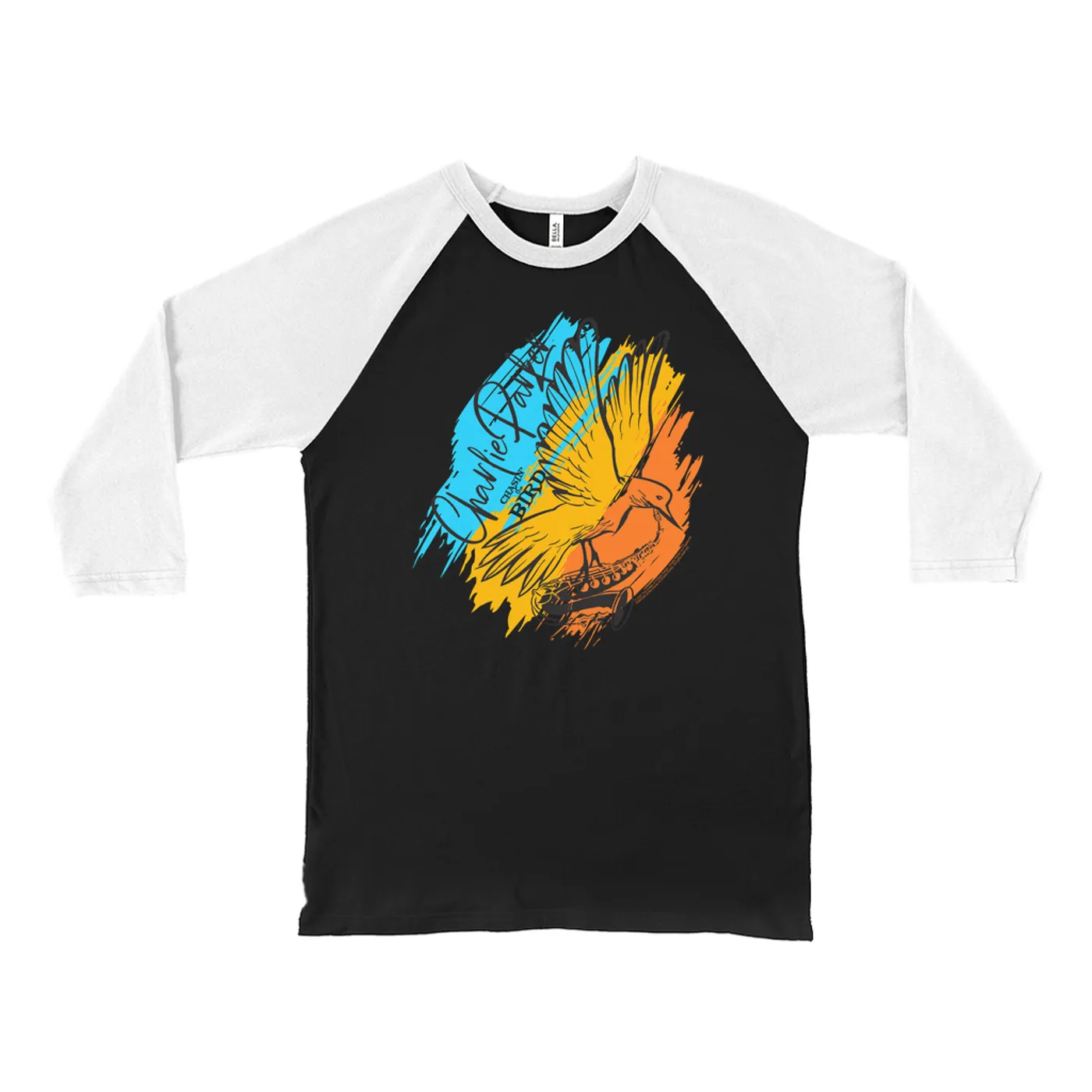 Charlie Parker 3/4 Sleeve Baseball Tee | Chasin' The Bird Colorful Brush Stroke Image Charlie Parker Shirt