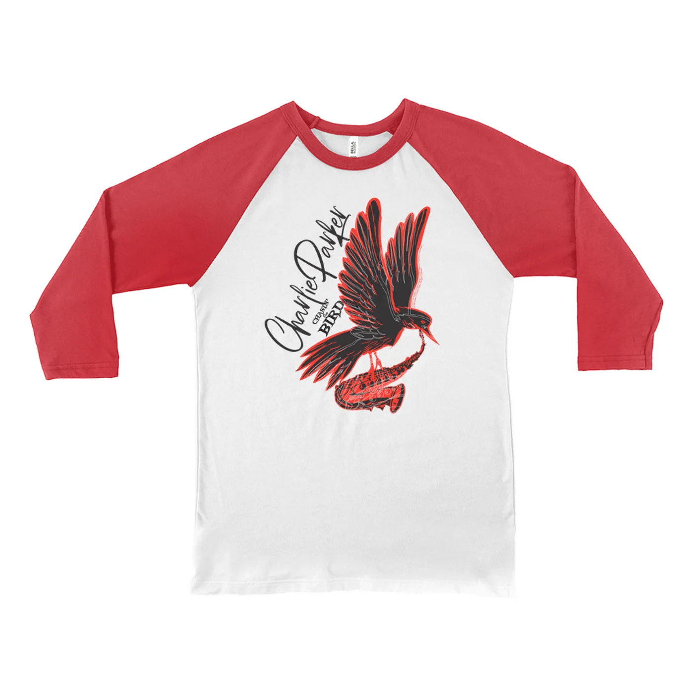 Charlie Parker 3/4 Sleeve Baseball Tee | Chasin' The Bird Black And Red Design Charlie Parker Shirt