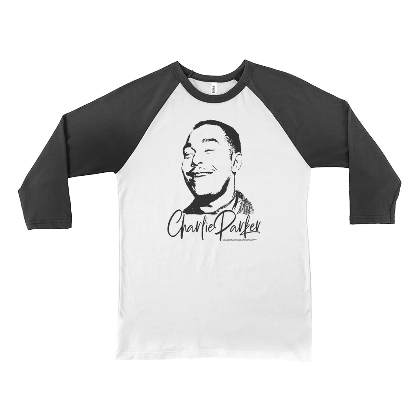 Charlie Parker 3/4 Sleeve Baseball Tee | Grinning Charlie WIth Logo Design Charlie Parker Shirt (Merchbar Exclusive)