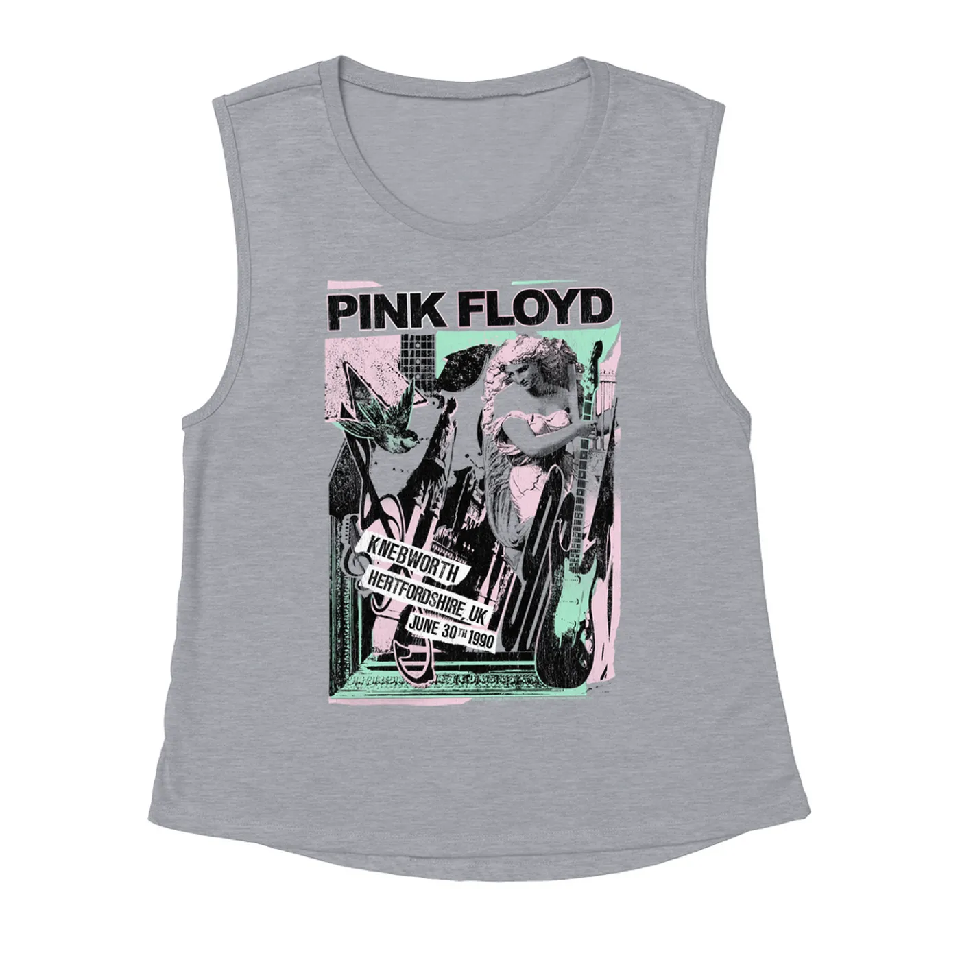 Pink Floyd Ladies' Muscle Tank Top | Live At Hertfordshire UK Pastel Collage Concert Poster Distressed Pink Floyd Shirt (Merchbar Exclusive)