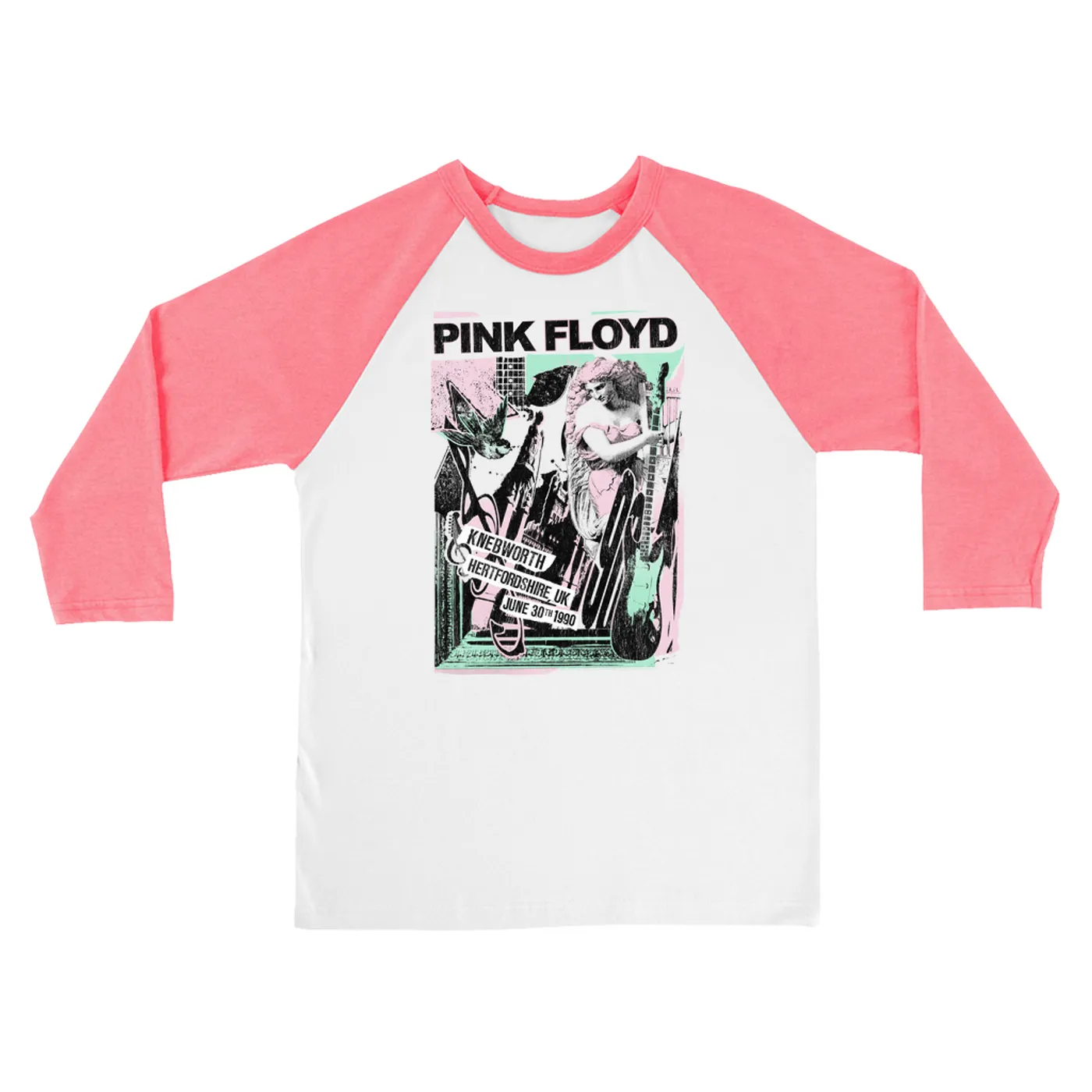 Pink Floyd 3/4 Sleeve Baseball Tee | Live At Hertfordshire UK Pastel Collage Concert Poster Distressed Pink Floyd Shirt (Merchbar Exclusive)