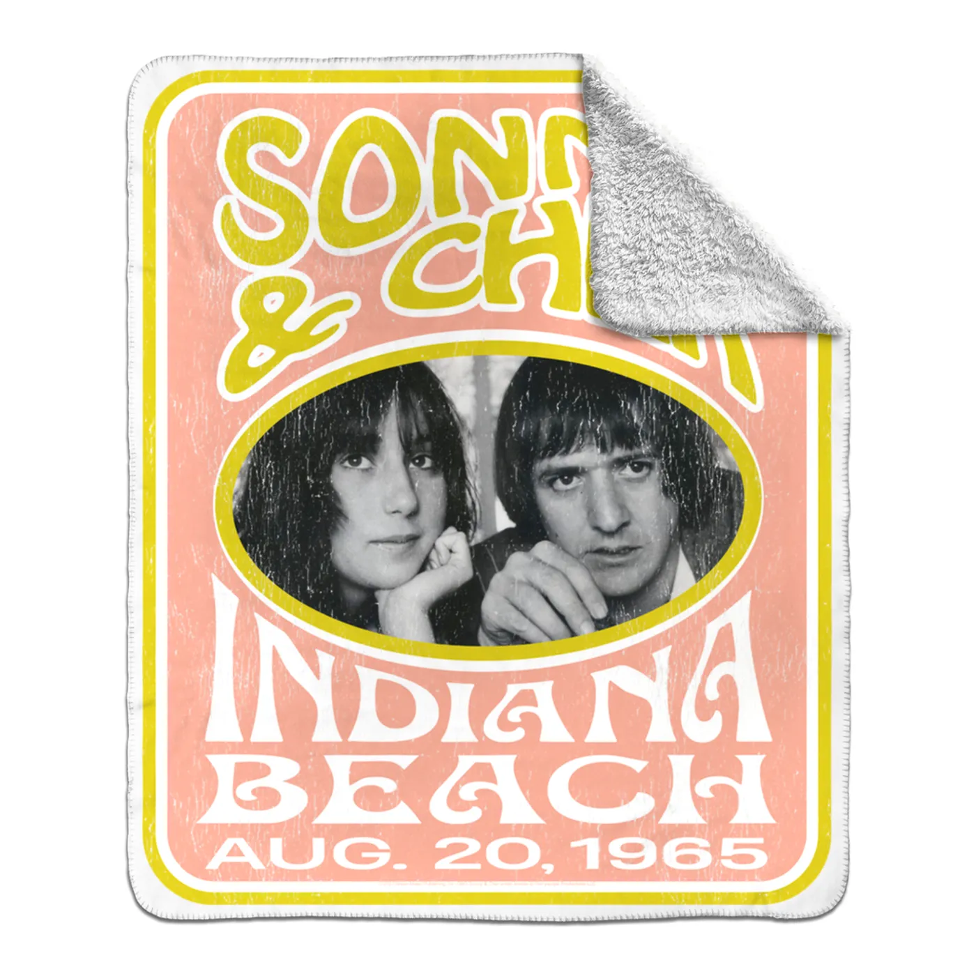 Sonny & Cher Sherpa Blanket | Indiana Beach Peach And Avocado Concert Banner Distressed Sonny and Cher Blanket (Merchbar Exclusive)