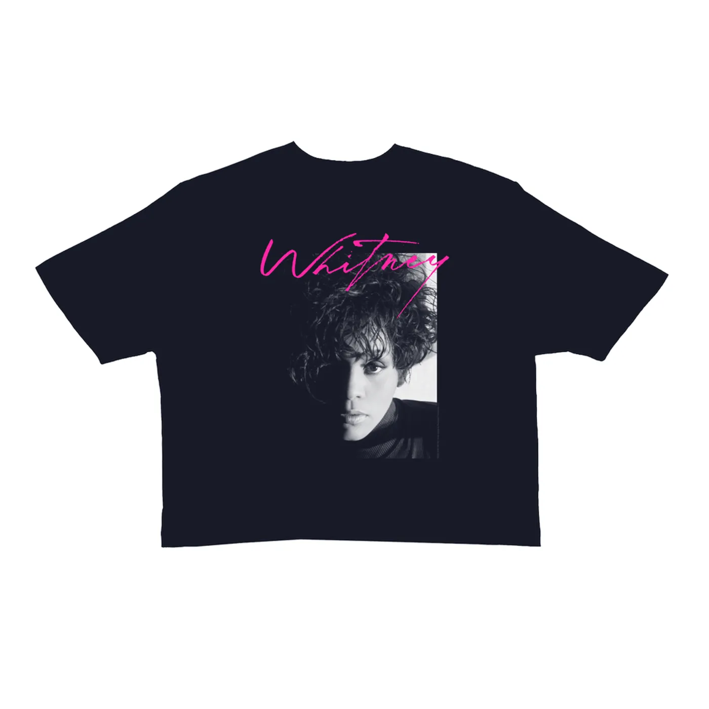 Whitney Houston Ladies' Crop Tee | Dramatic Lighting Photo And Pink Signature Image Whitney Houston Crop T-shirt