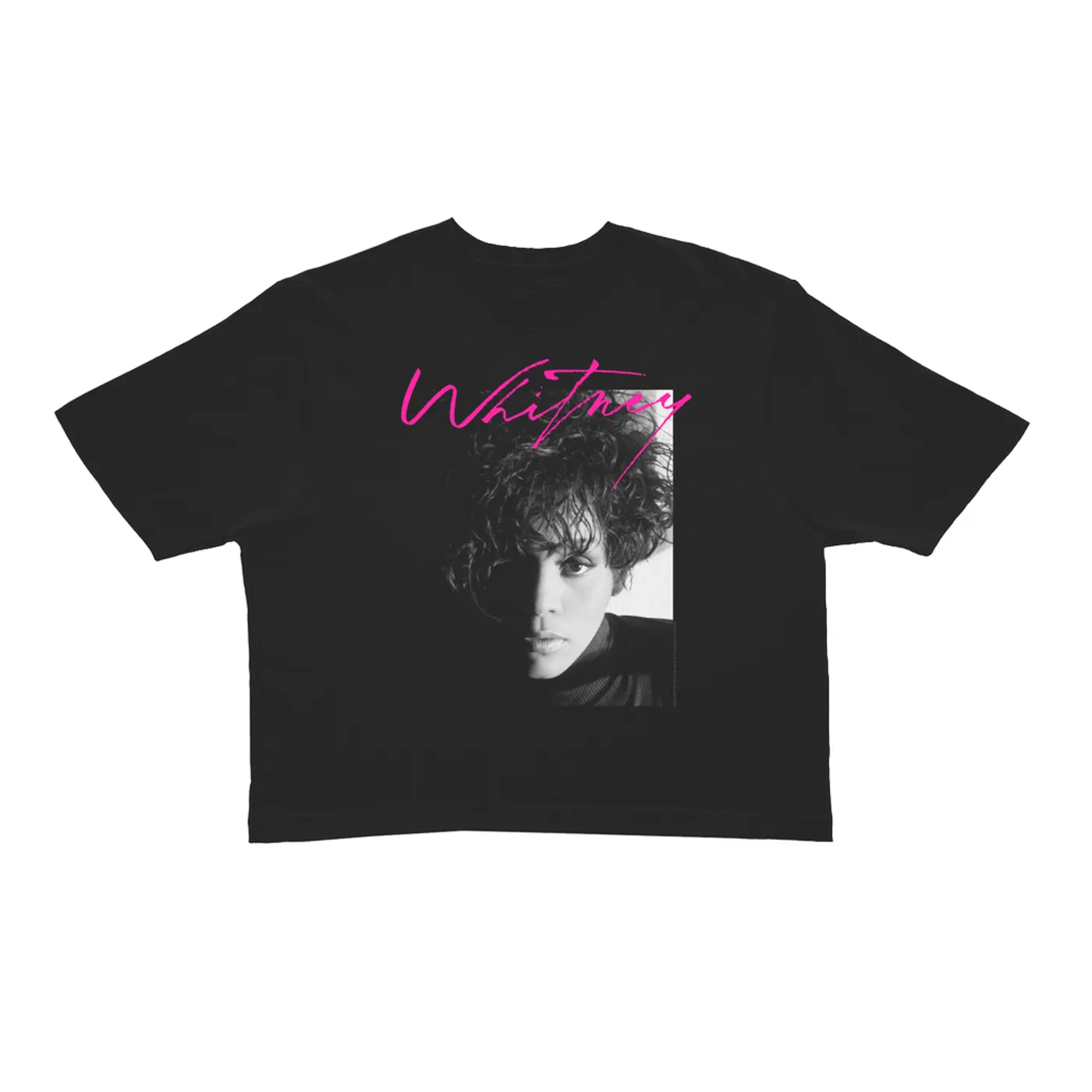 Whitney Houston Ladies' Crop Tee | Dramatic Lighting Photo And Pink Signature Image Whitney Houston Crop T-shirt