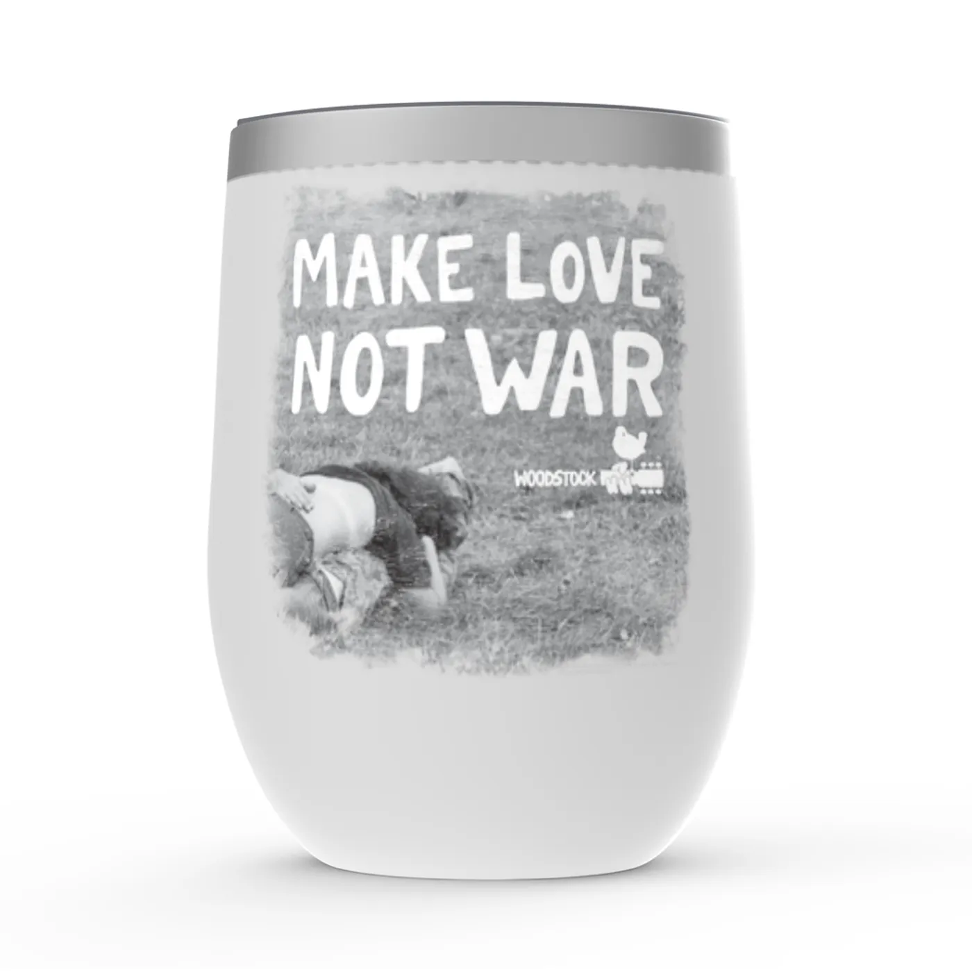 Woodstock Wine Tumbler | Make Love Not War Famous Image Distressed Woodstock Stemless Wine Tumbler