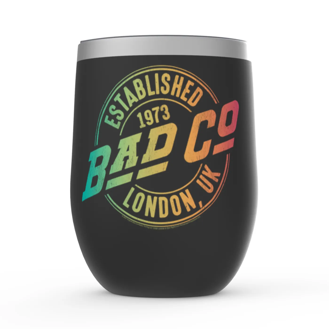 Bad Company Wine Tumbler | Rainbow Ombre Est. 1973 London Logo Bad Company Stemless Wine Tumbler