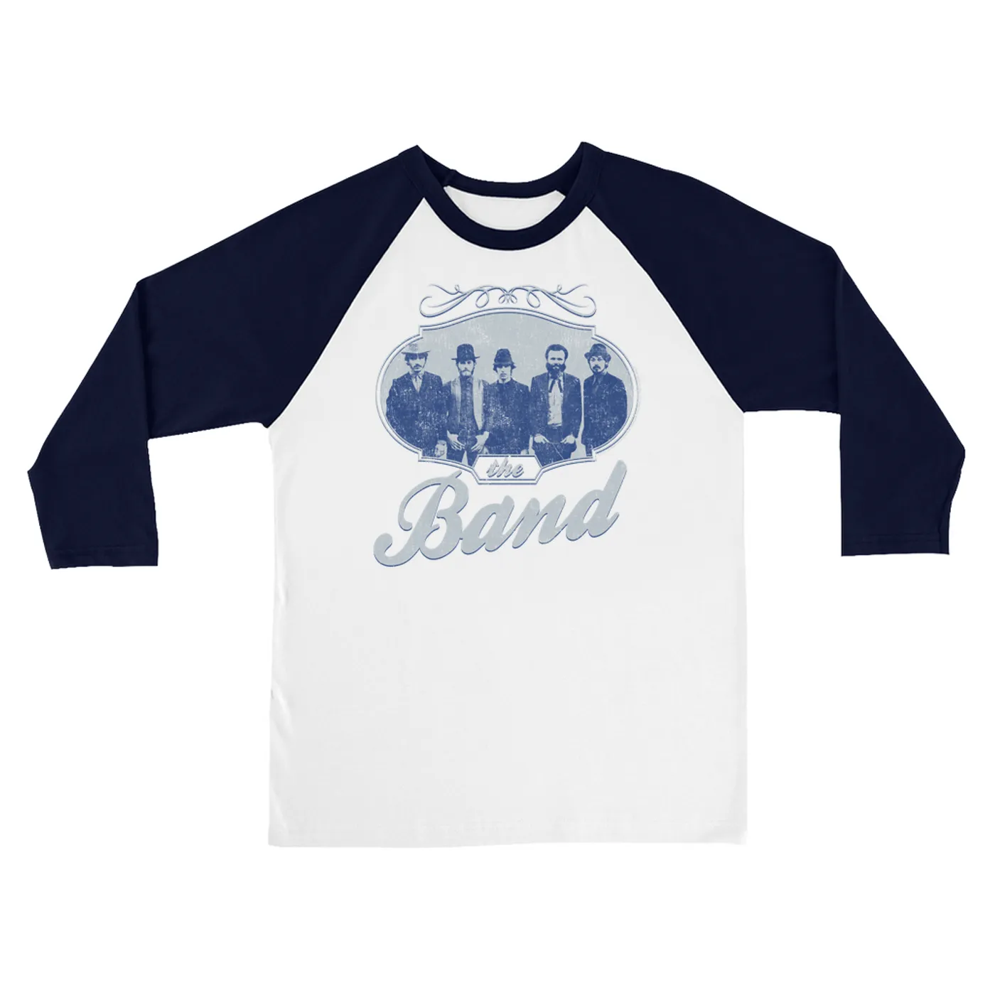 The Band 3/4 Sleeve Baseball Tee | Filigree Framed Band Photo Design Distressed The Band Shirt