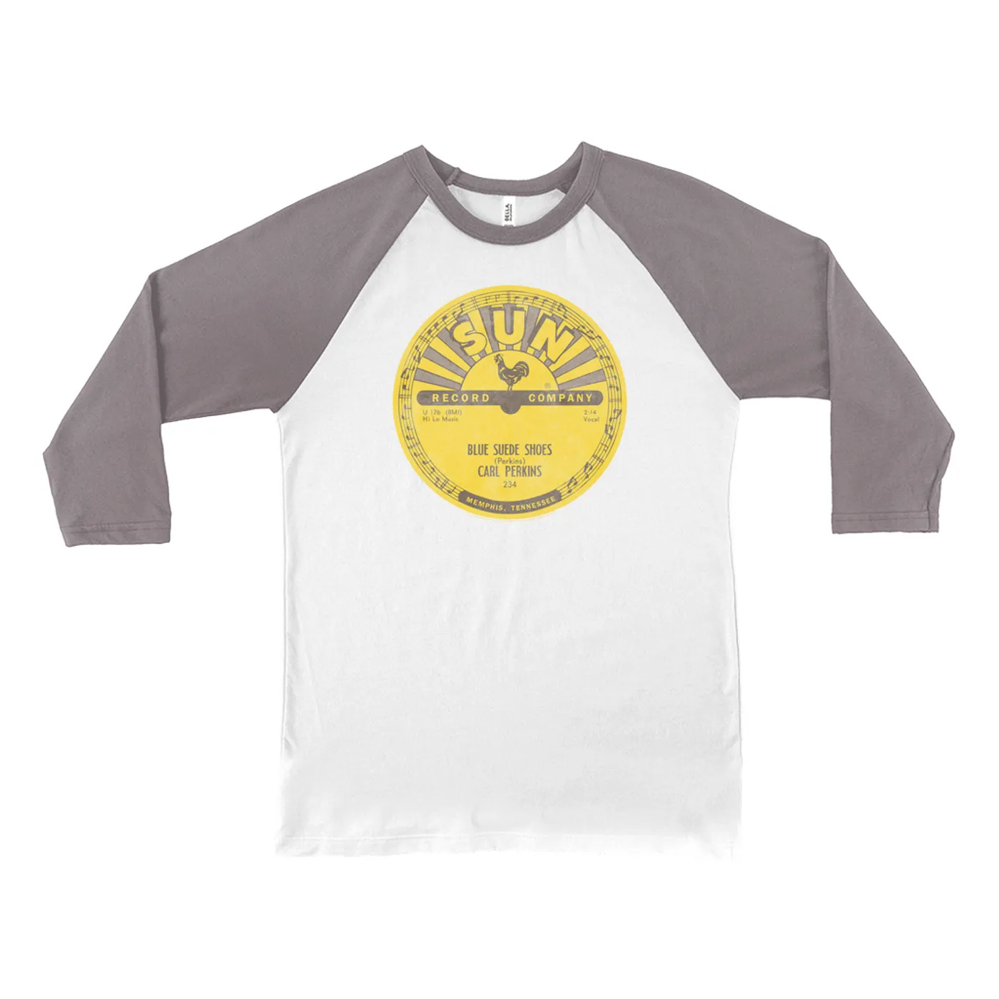 Carl Perkins 3/4 Sleeve Baseball Tee | Blue Suede Shoes Record Label Distressed Carl Perkins Shirt