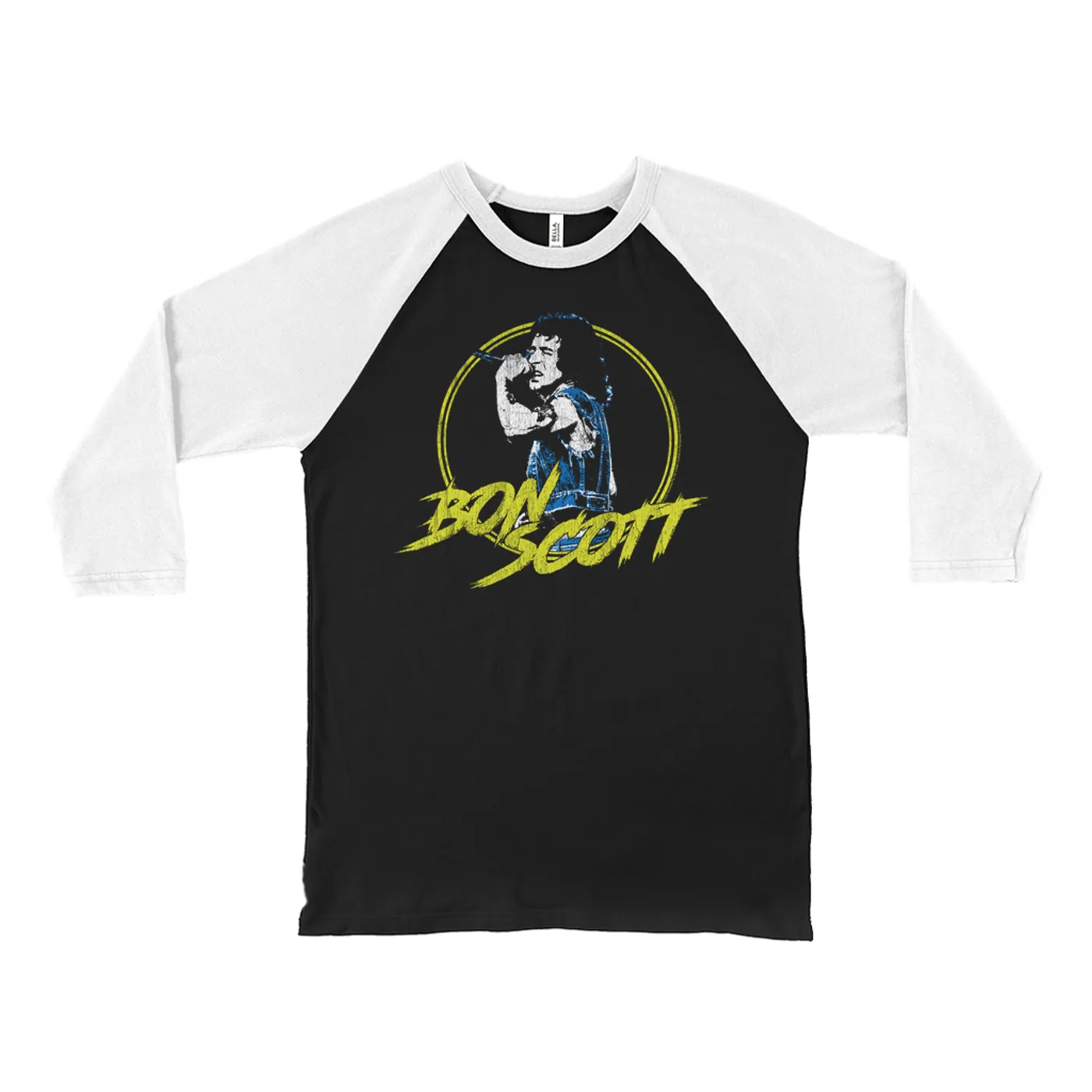Bon Scott 3/4 Sleeve Baseball Tee | Bon Scott Circular Pop Art Yellow Bon Scott Shirt