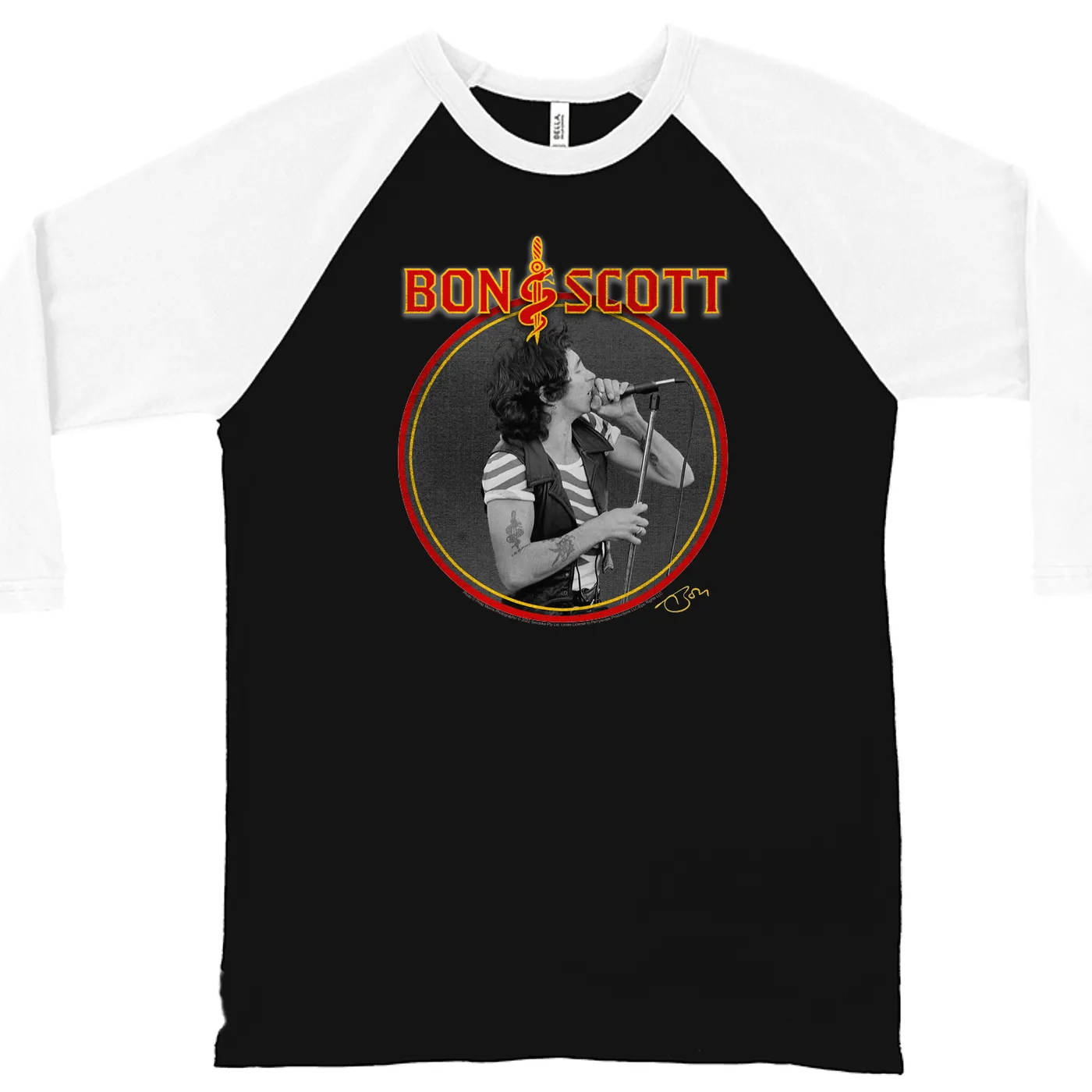 Bon Scott 3/4 Sleeve Baseball Tee | Snake & Dagger Logo Circlular Image Bon Scott Shirt