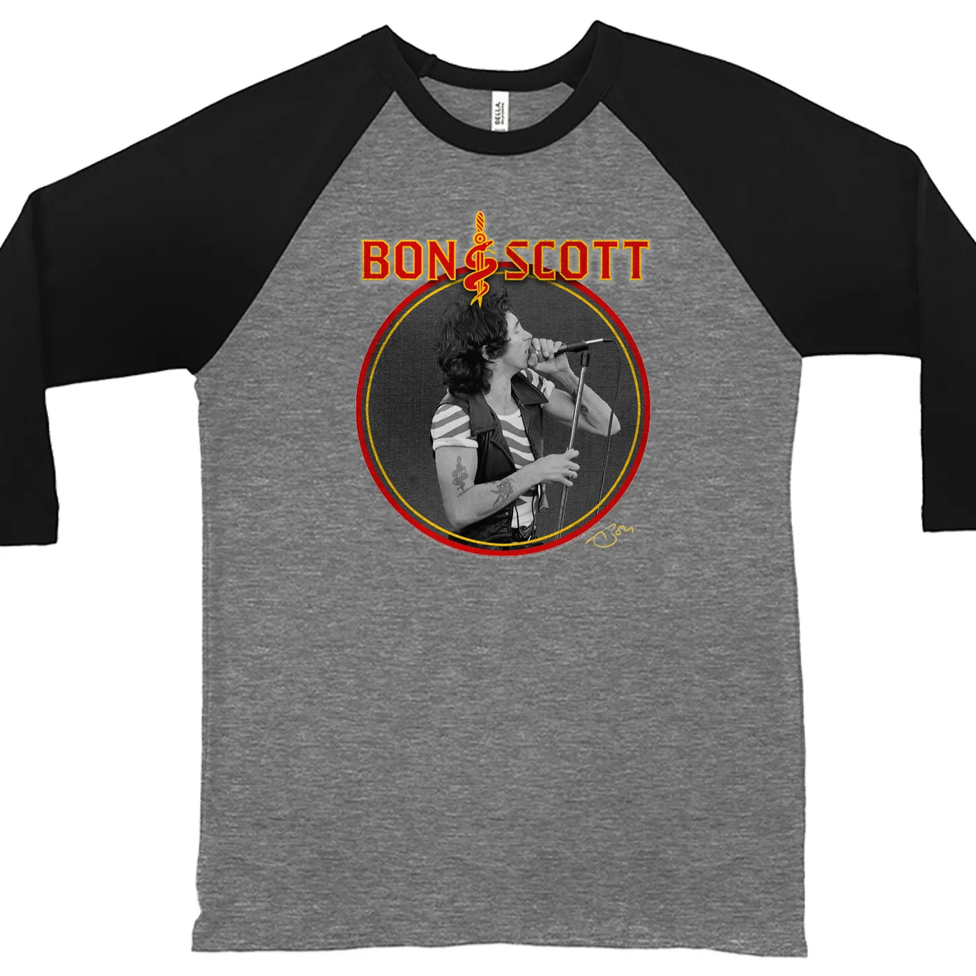 Bon Scott 3/4 Sleeve Baseball Tee | Snake & Dagger Logo Circlular Image Bon Scott Shirt