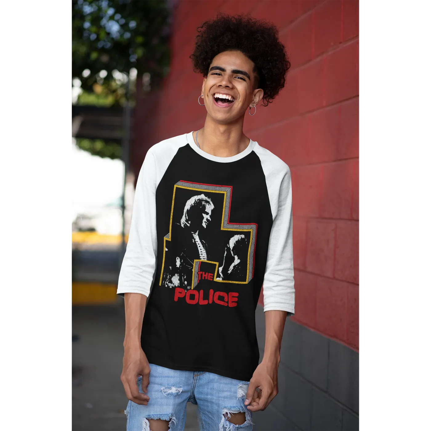 The Police 3/4 Sleeve Baseball Tee | Retro Bordered Shadow Live In Concert Distressed (Merchbar Exclusive) The Police Shirt