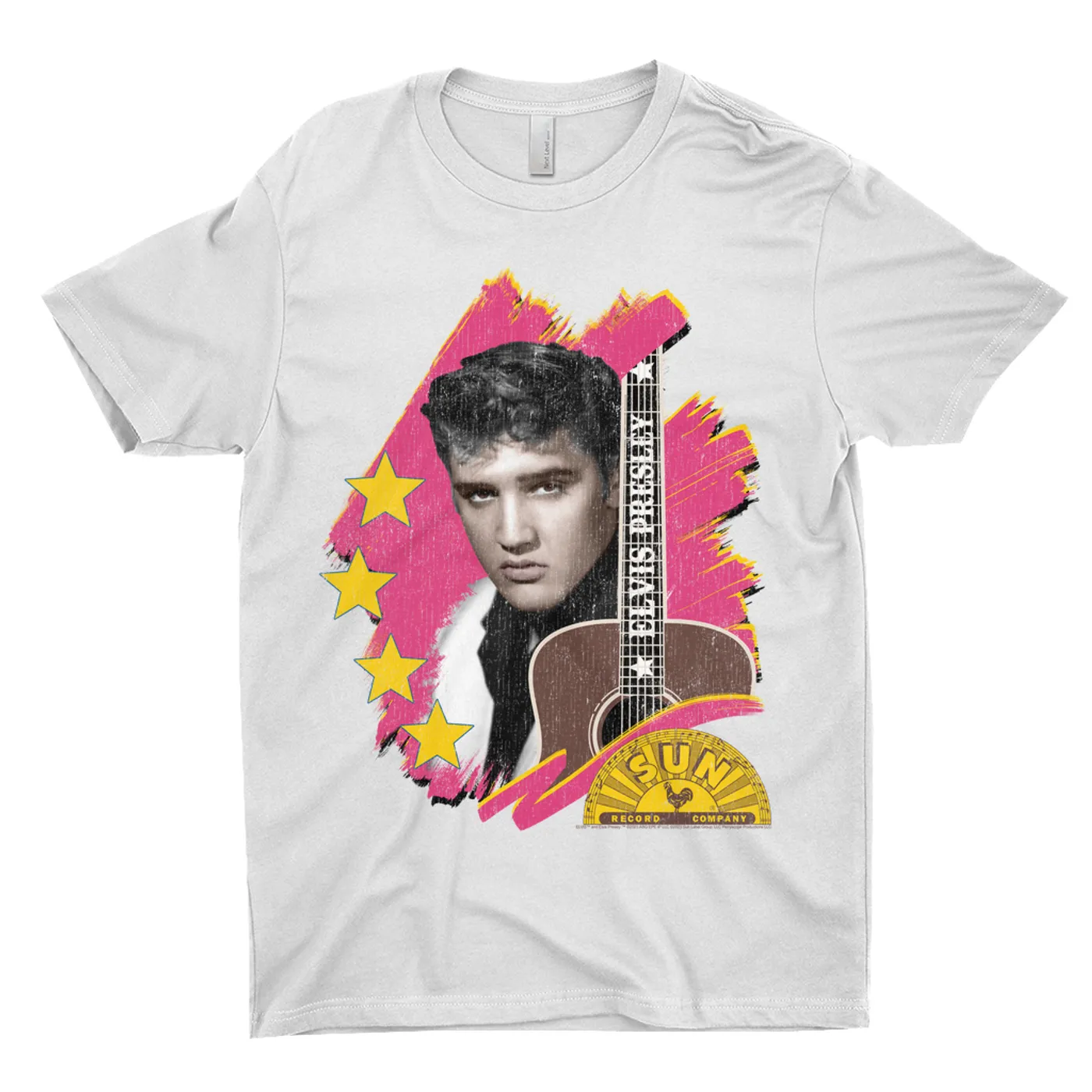 Elvis Presley Sun Records T-Shirt | Guitar With Pink Brush Strokes Distressed (Merchbar Exclusive) Sun Records Shirt